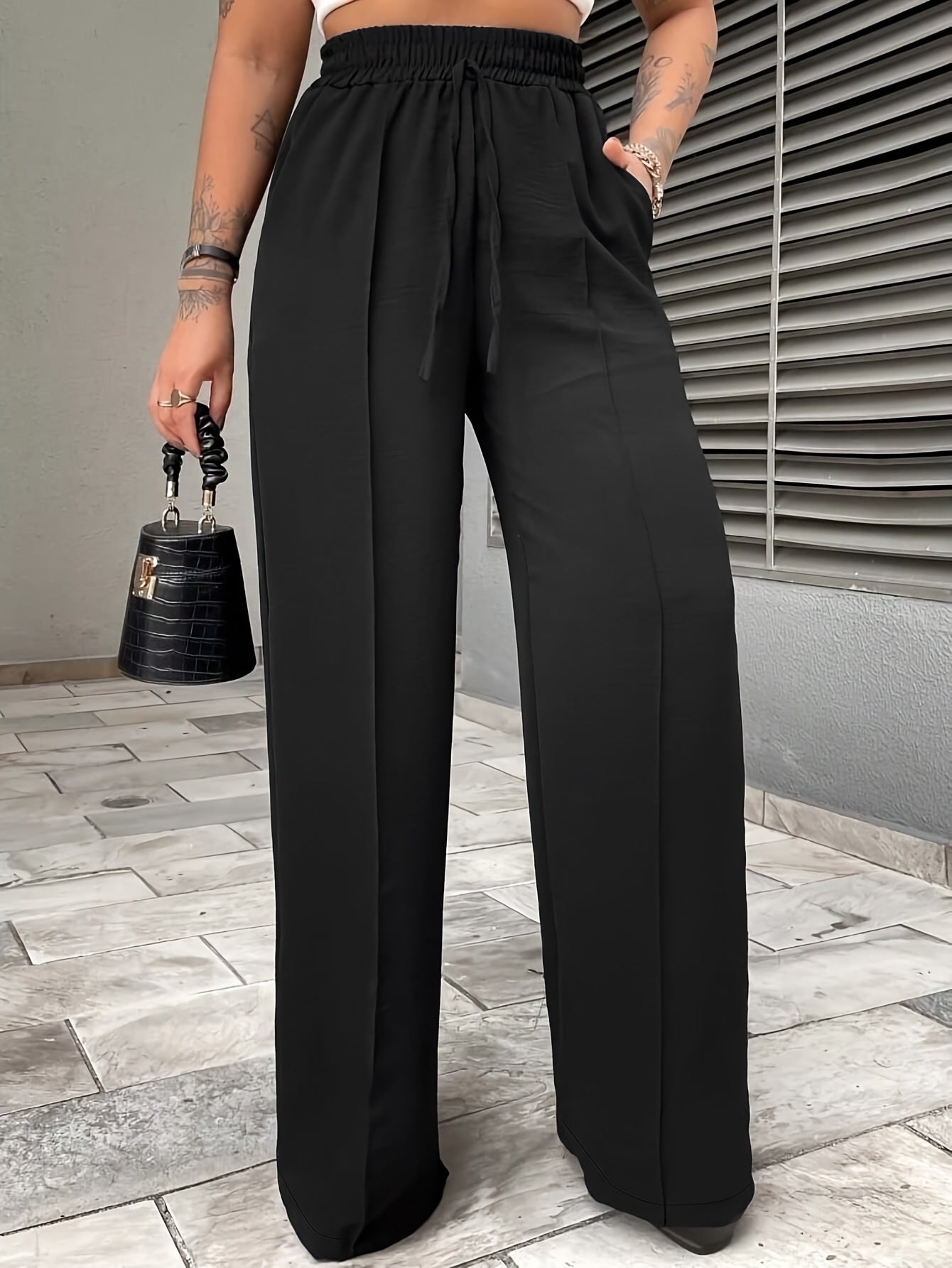 Women's Plus Size Casual Pants with Elastic Waist Pockets Solid Color