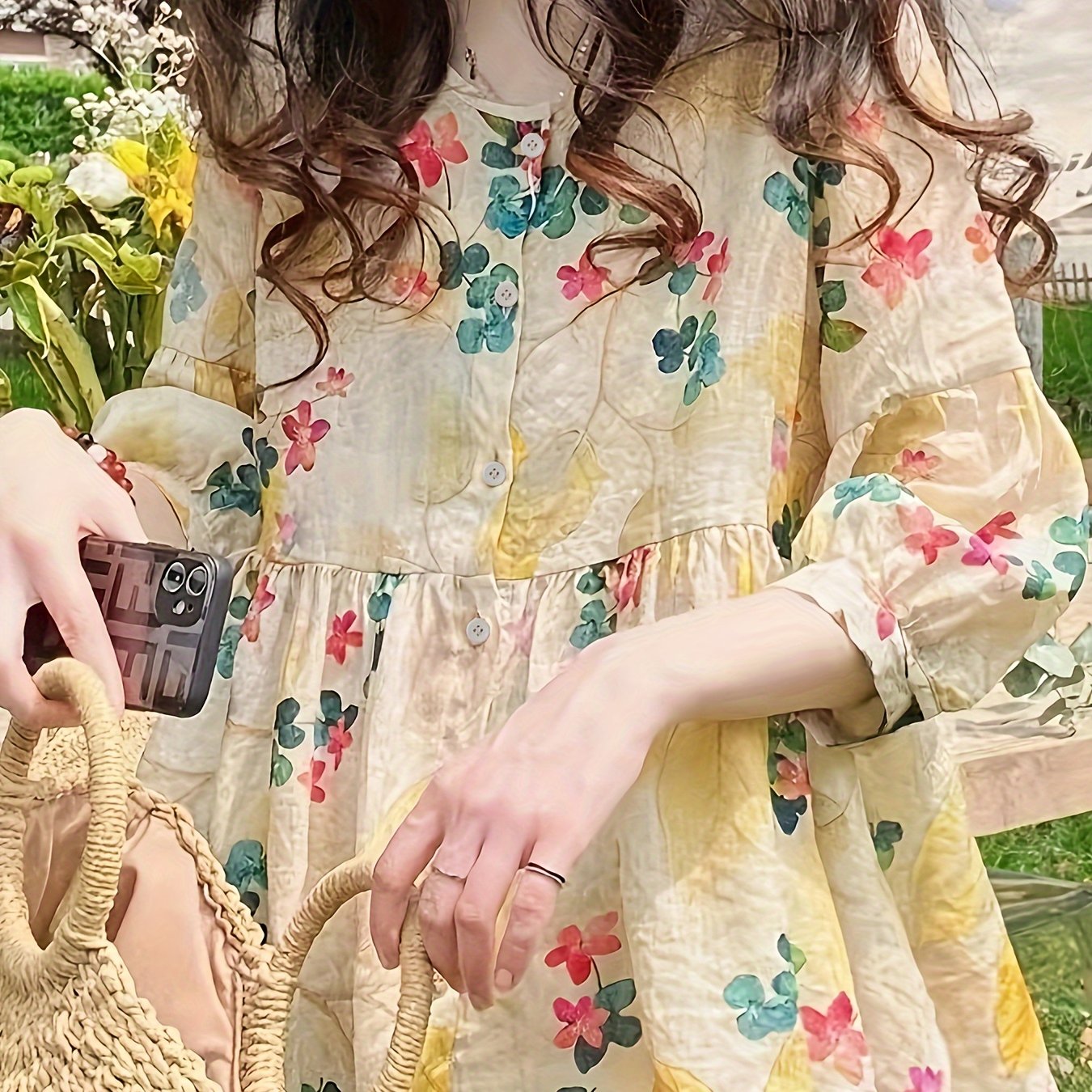 Blusa de mujer con estampado floral en amarillo con mangas largas y cuello redondo