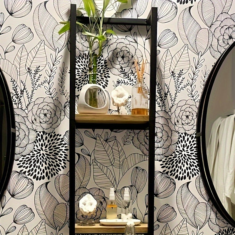 Estante moderno de metal y madera para toallas y artículos esenciales en el baño