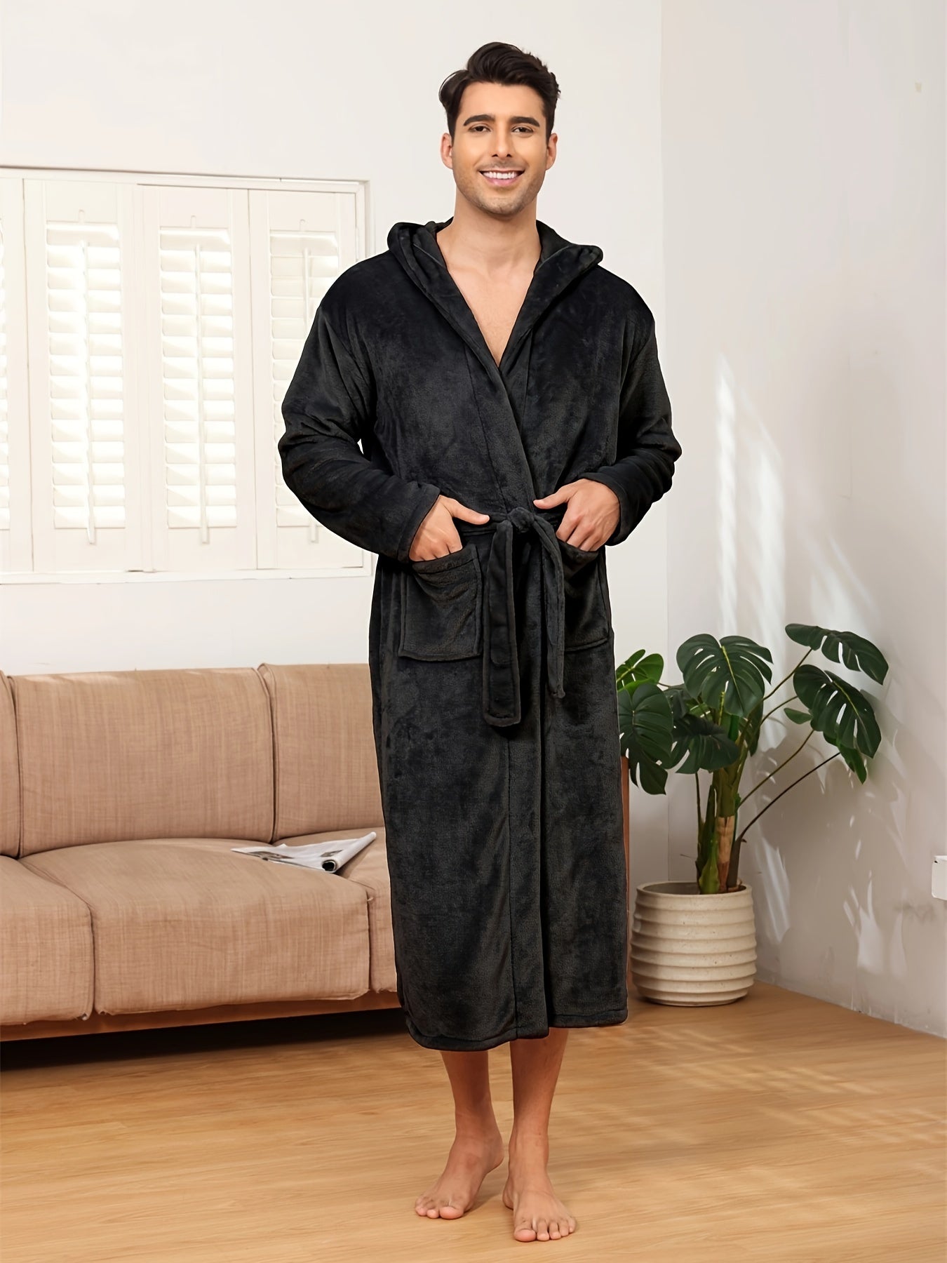 Men's Solid Color Flannel Nightgown with Long Sleeves and V-Neck