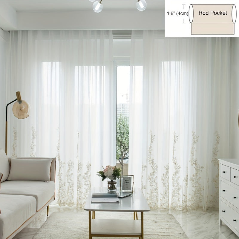 Golden Thread Embroidery Sheer Curtain for Living Room and Bedroom European Style Voile Window Treatment