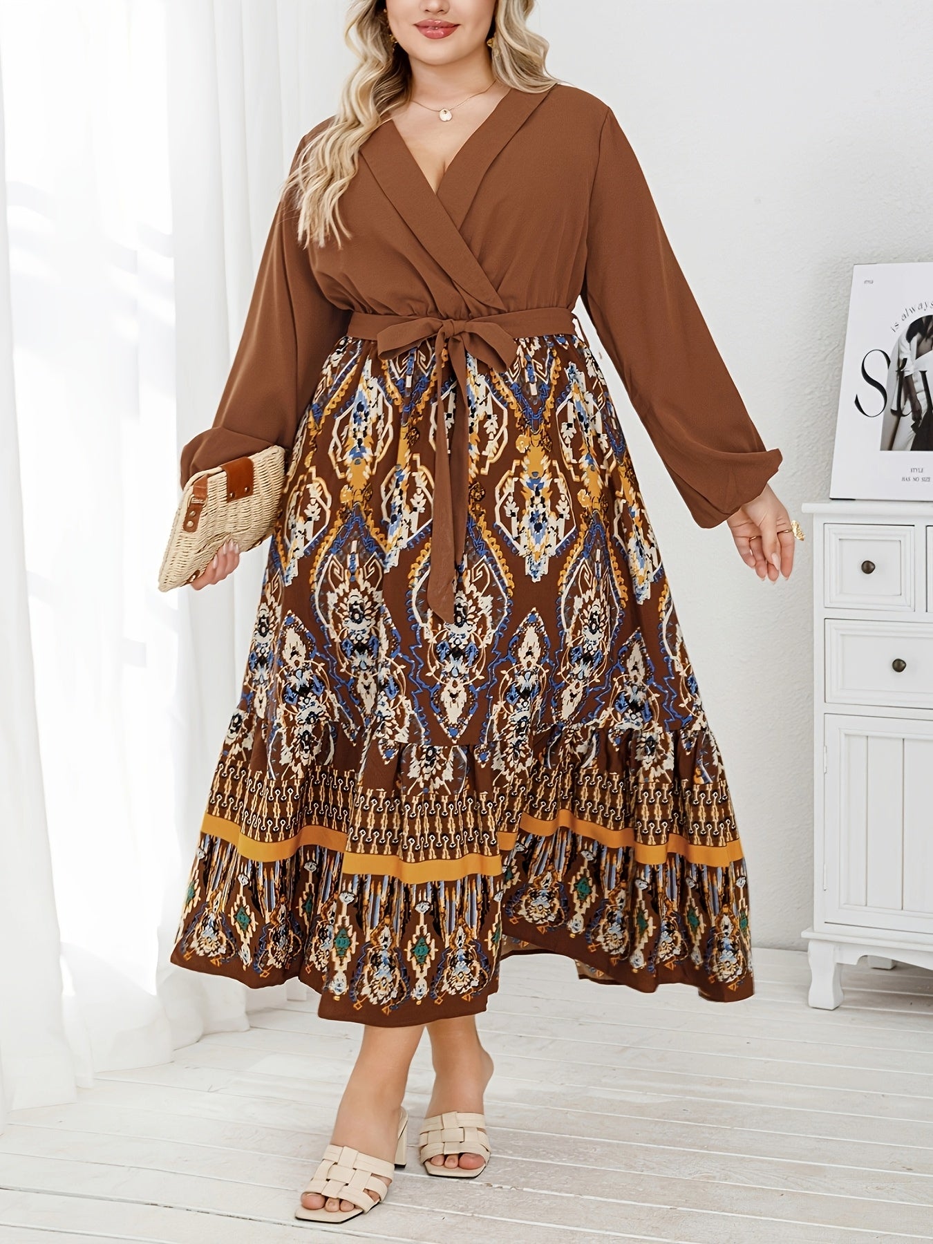 Vestido túnica de talla grande para mujer con escote en V, poliéster, para todas las estaciones, con cinturón de tejido