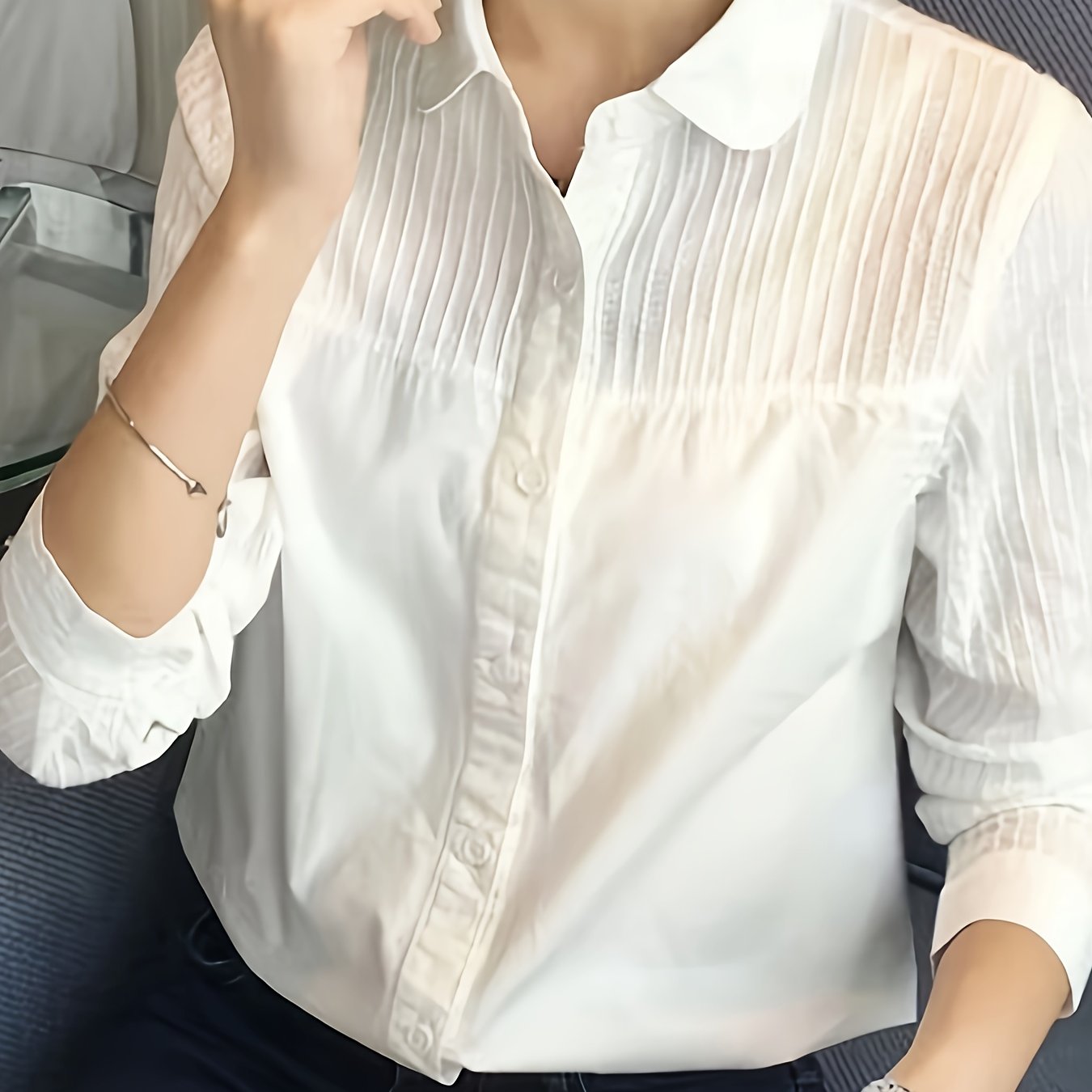 White Women's Solid Color Woven Polyester Shirt with Lapel Collar