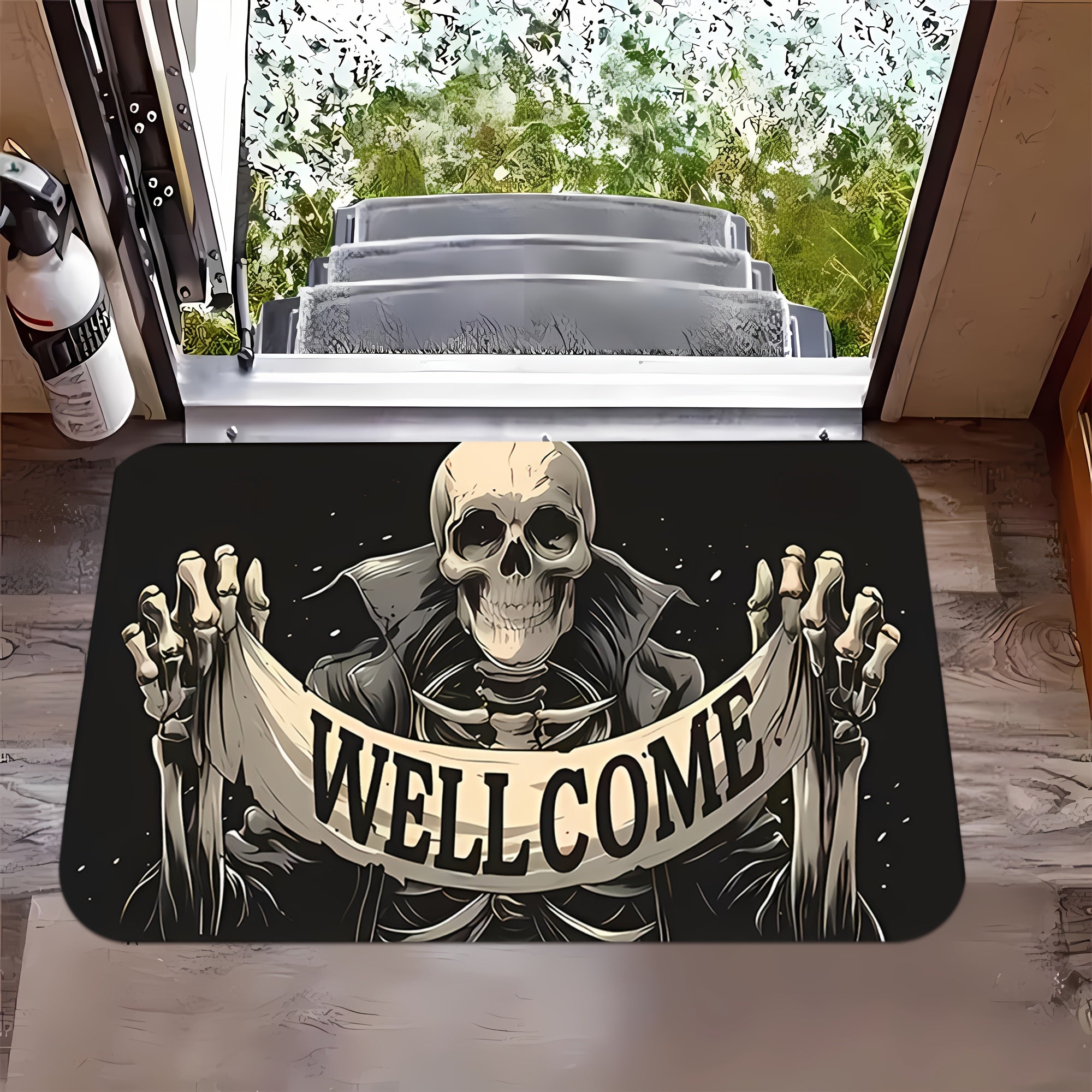 Halloween Skull Welcome Door Mat Non-Slip Stain-Resistant Flannel Rug