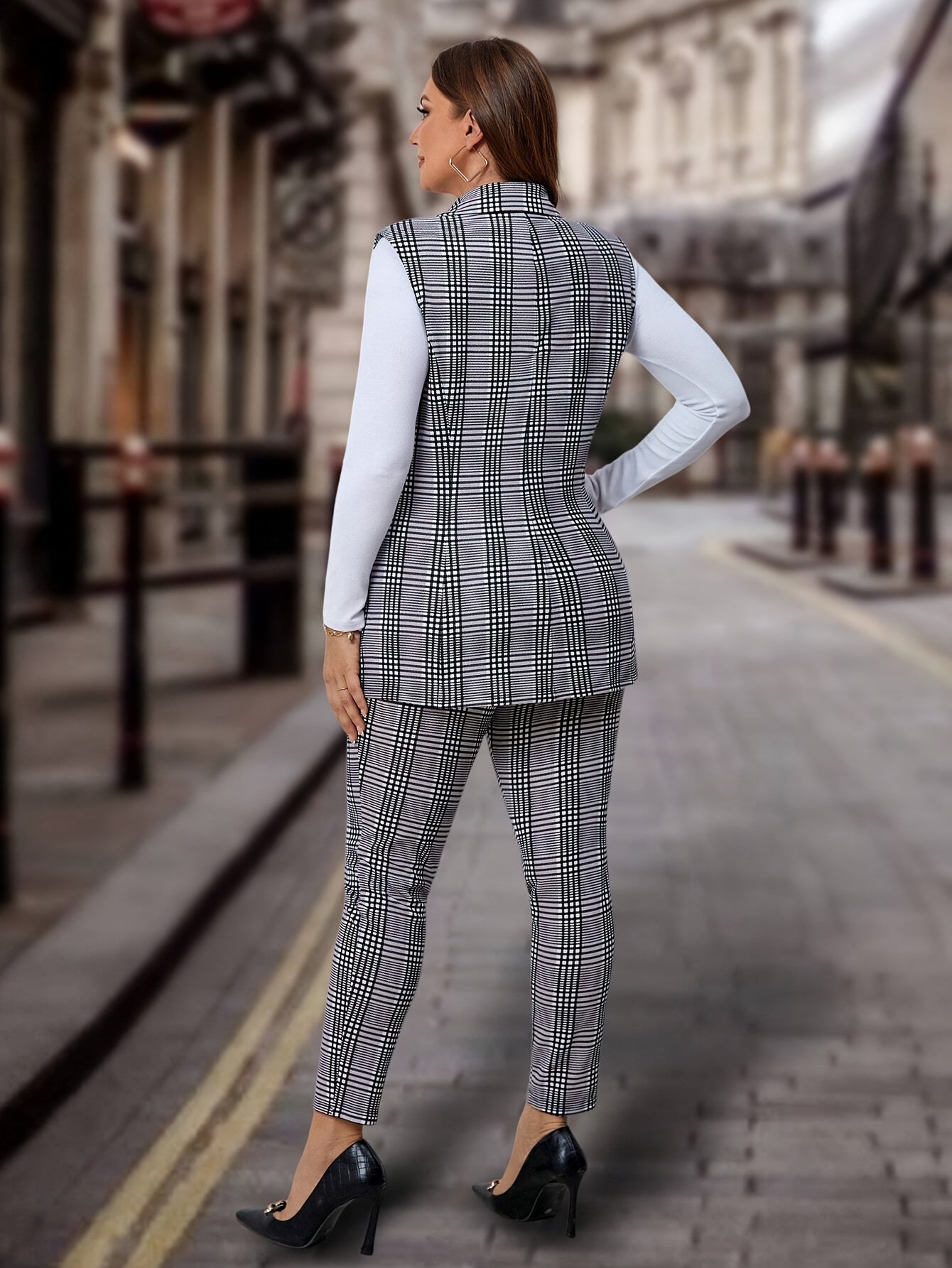 Women's Plaid Blazer Suit Set with Trousers Polyester Open Front Button