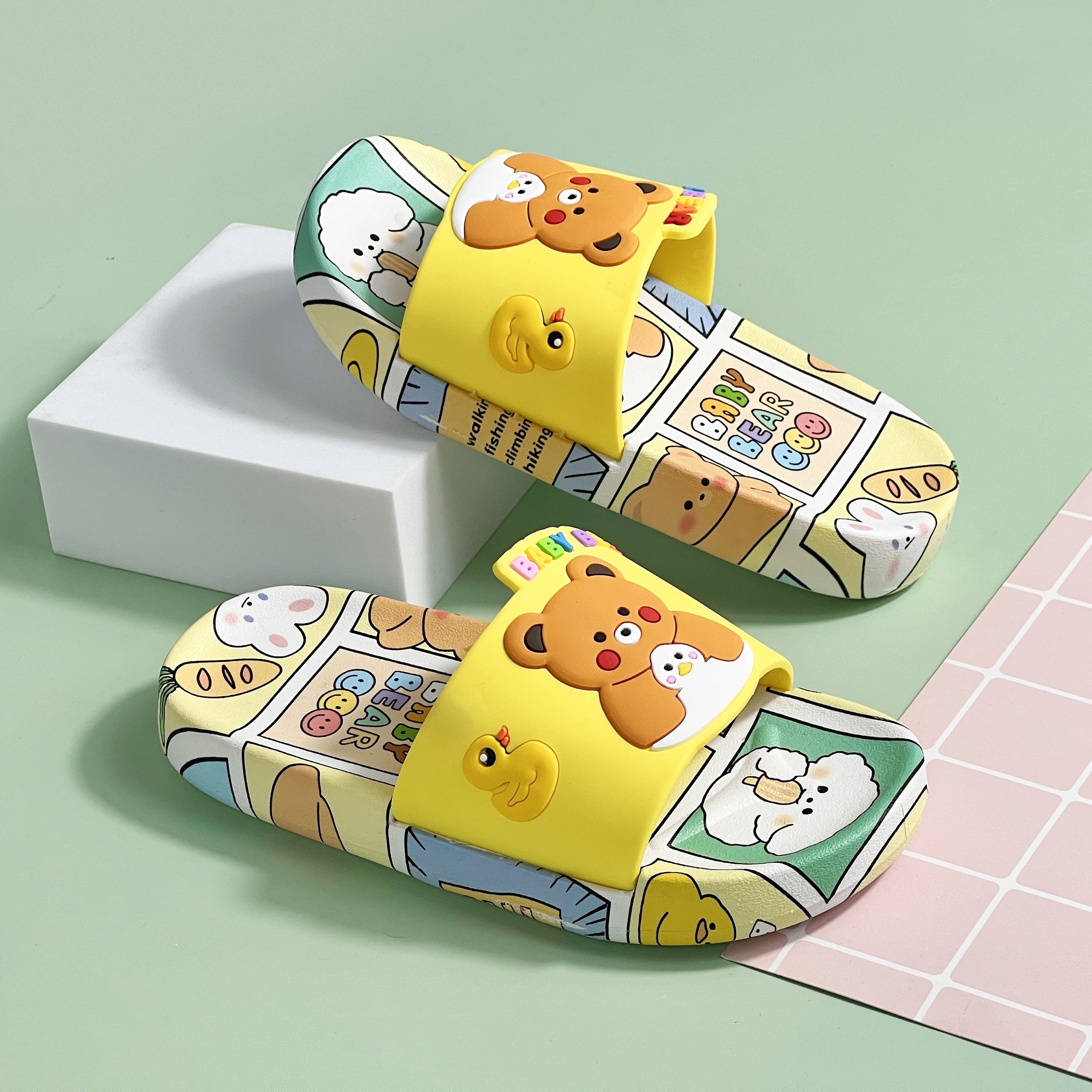 Kids' Cartoon Bear Slippers Non-Slip Open Toe Sandals for Boys and Girls Indoor Beach Bath