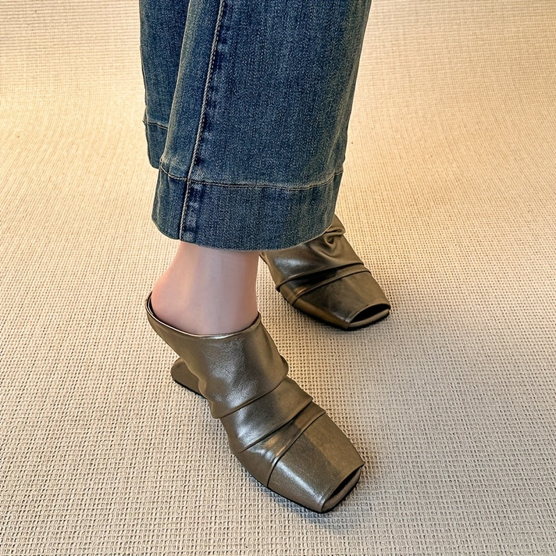 Women's Square Toe Mule Shoes Synthetic Slip-On Loafers Chunky Heel Brown