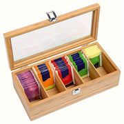 Bamboo Tea Bag Organizer Storage Box with Clear Lid Coffee and Teabag Compartments