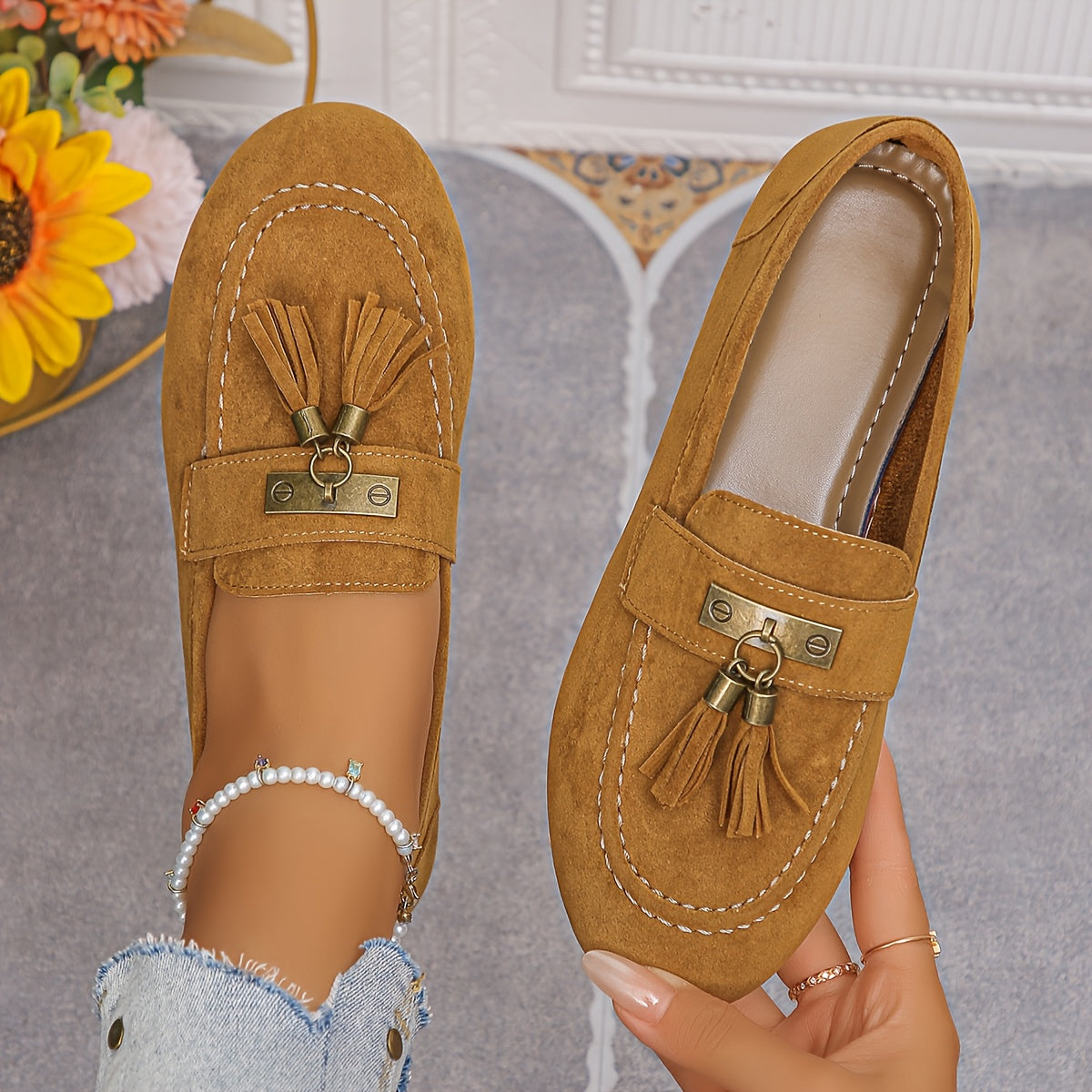 Women’s Slip-On Loafers Beige Floral Fringe Cushioned PU Insole