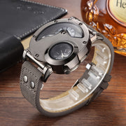 Men's Vintage Dual-Time Watch Denim Strap Alloy Case Quartz Large Dial Not Waterproof