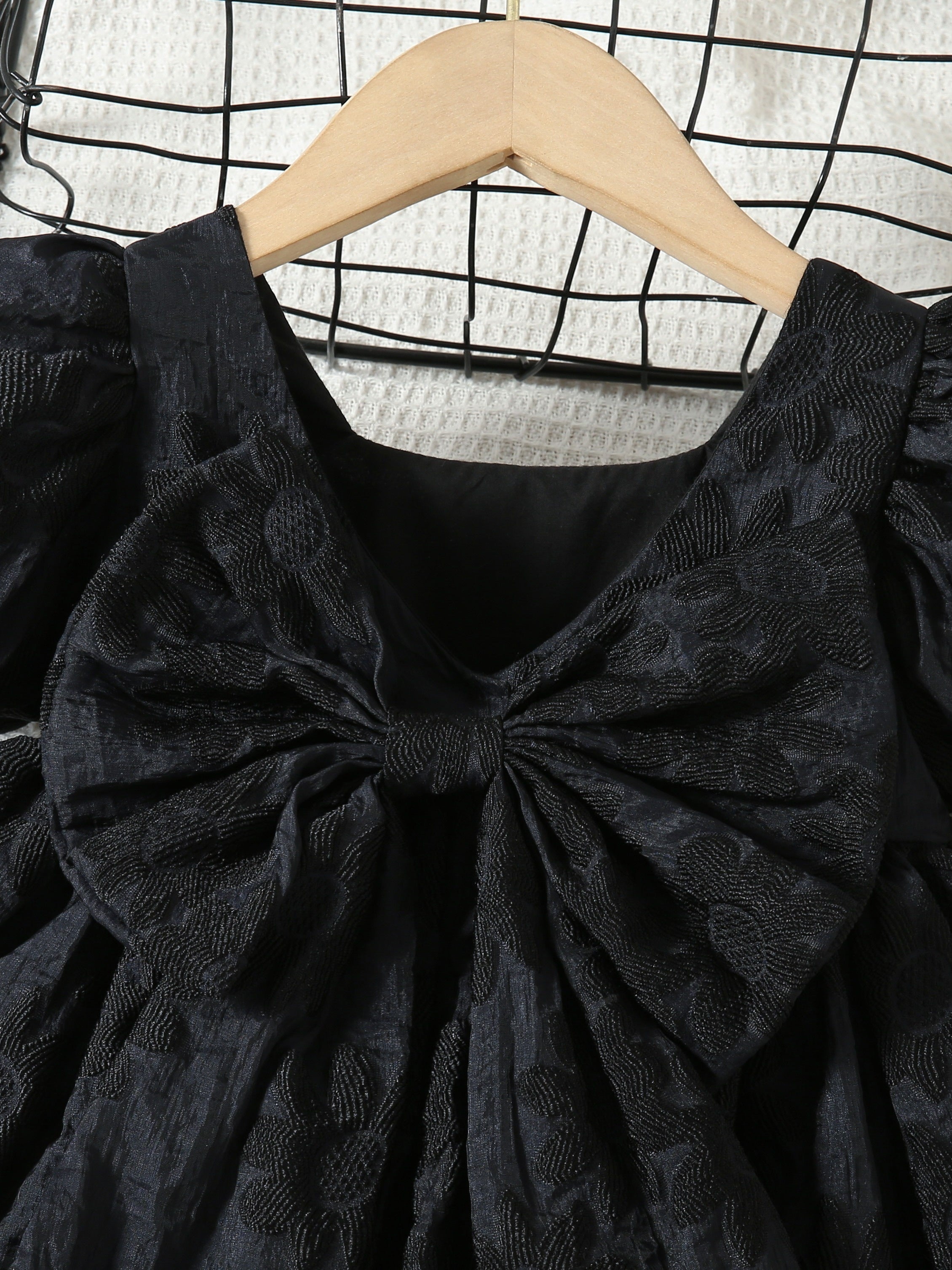 Girls Summer Dress Knee High Puff Sleeve Solid Color Bow Decoration Lightweight Dress