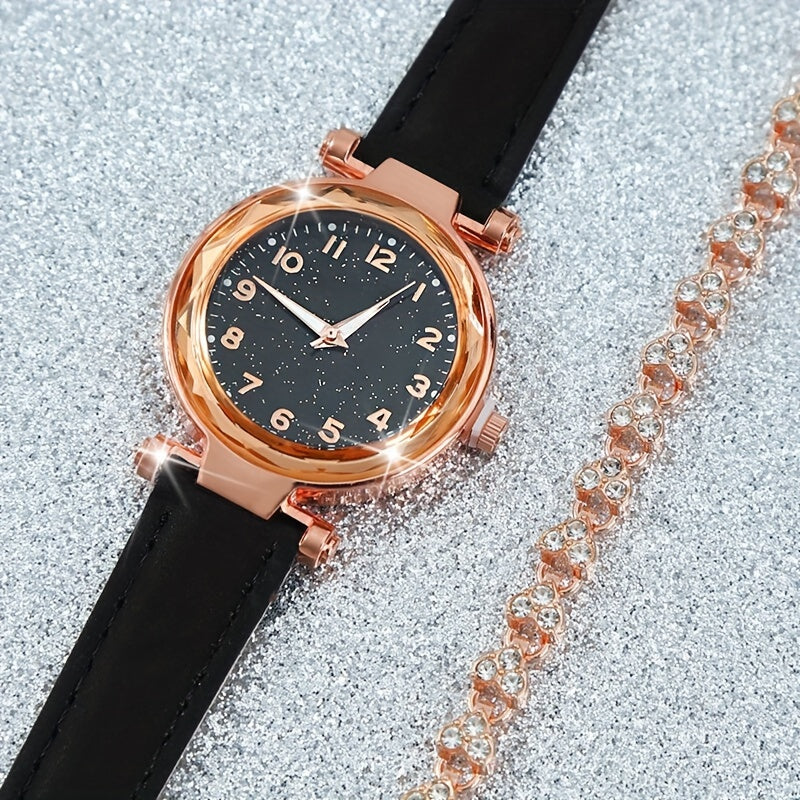 Women's 2-Piece Watch and Bracelet Set Casual Quartz Faux Leather Gift for Mom