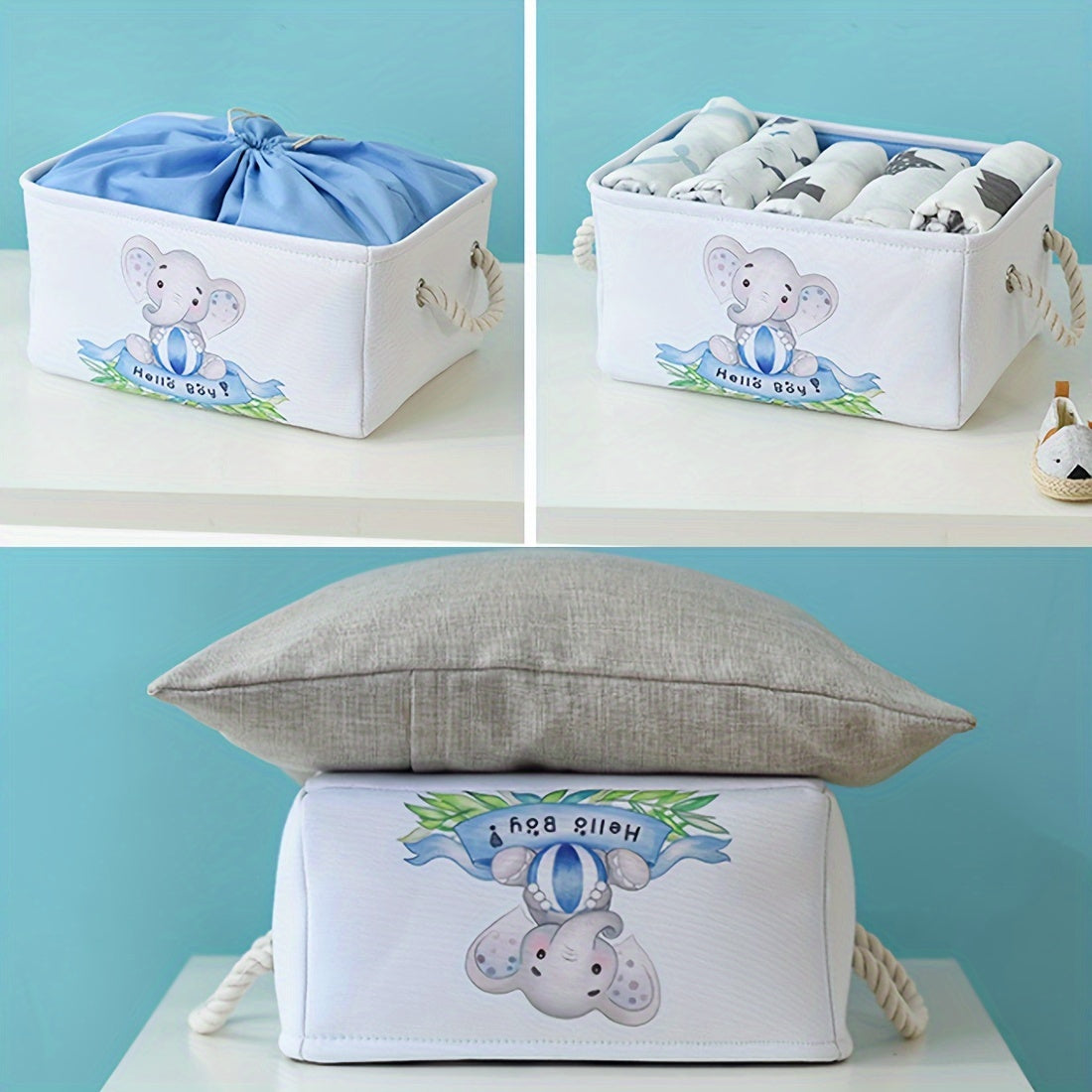 Fabric Storage Basket with Lid Collapsible Stackable Nursery Wardrobe Organizer Blue