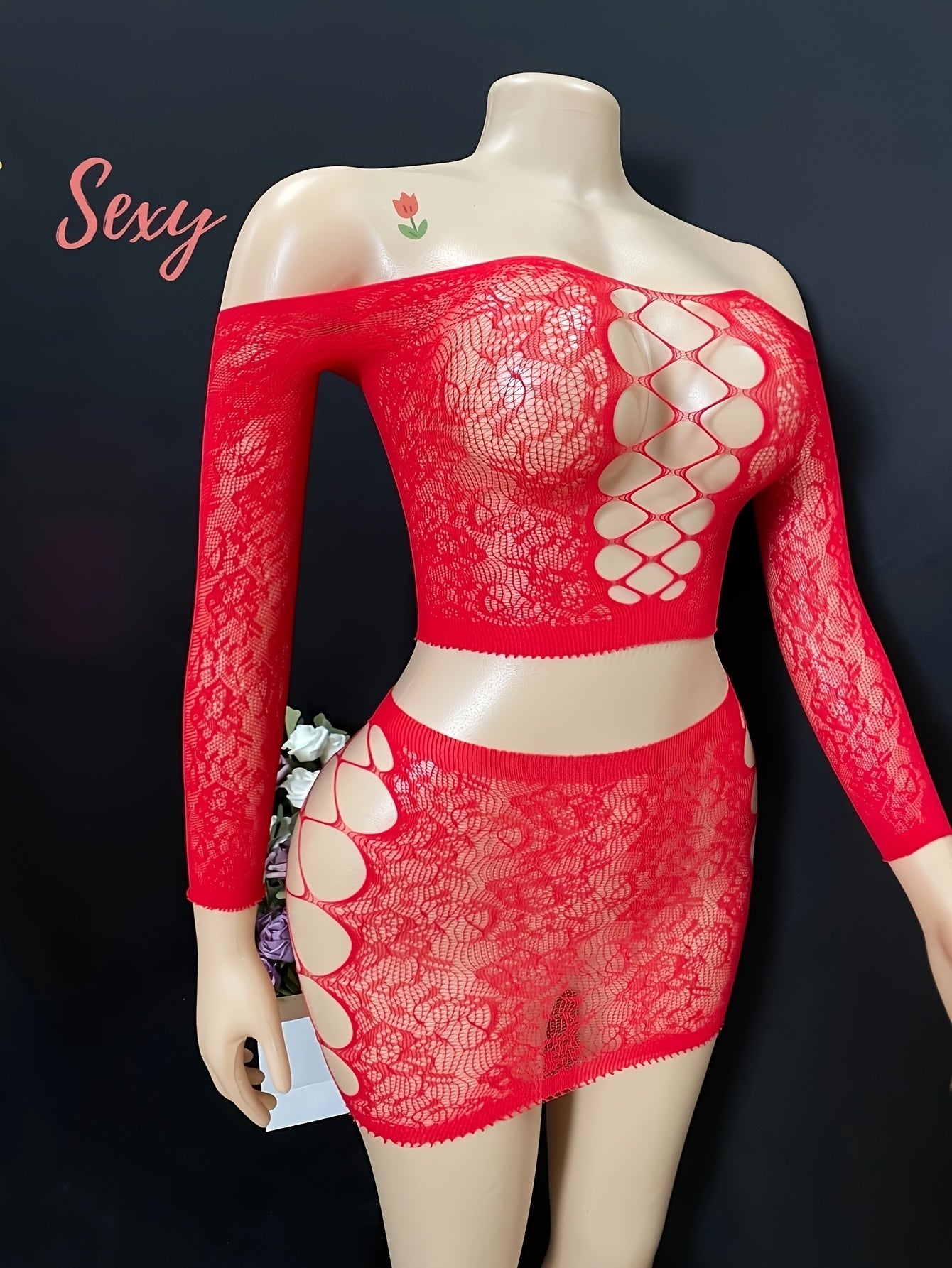 Женский комплект белья с крупной сеткой, с длинными рукавами, прозрачный, с вырезами