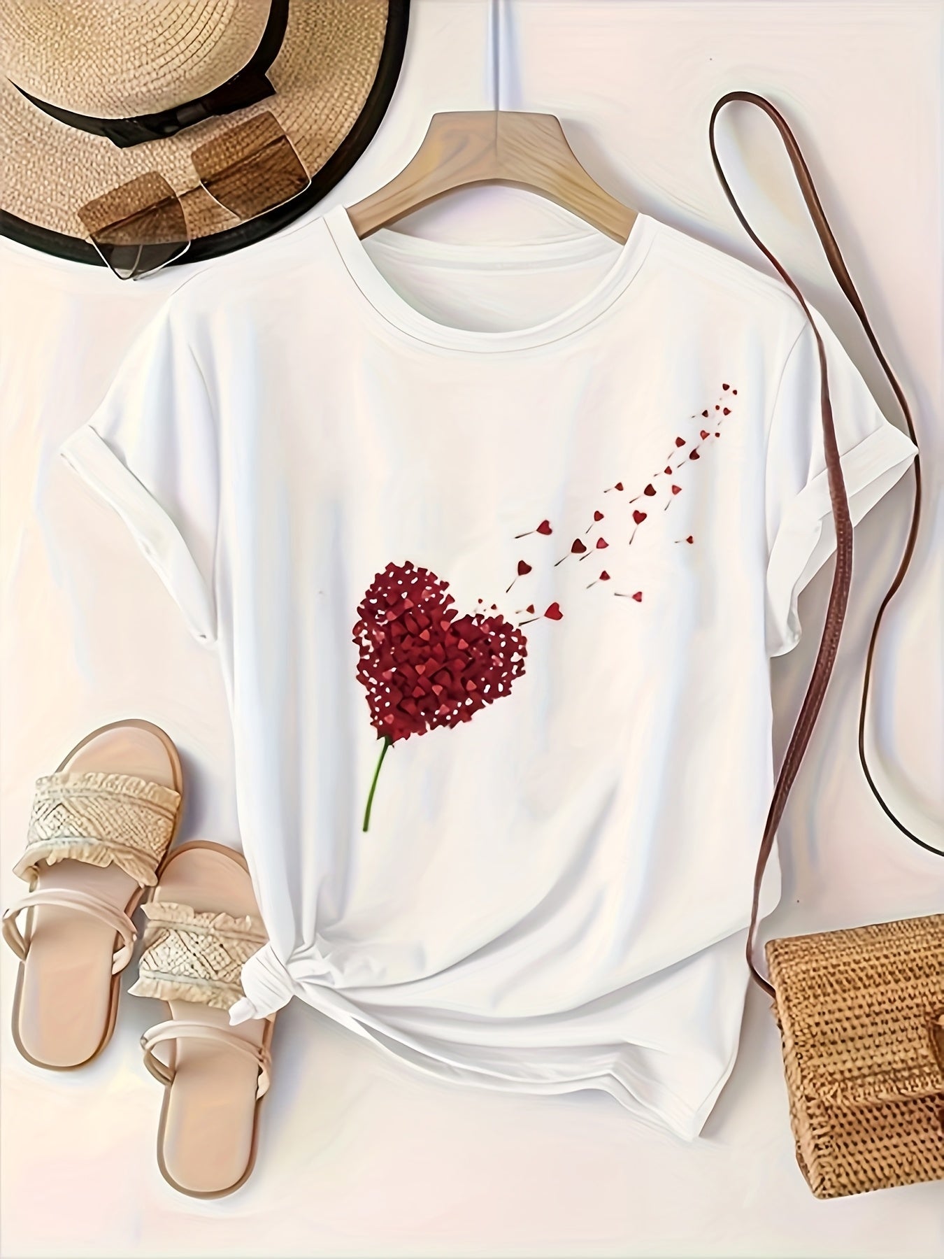 Plus Size Women's White Short Sleeve T-Shirt with Heart Print