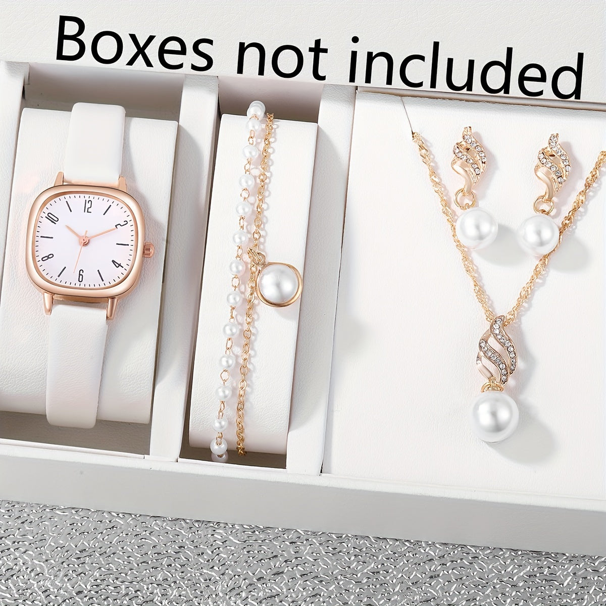 Ayollar uchun 5 ta oq faux charm soatlari, marjon bilan va zargarlik buyumlari sovg‘alari bilan