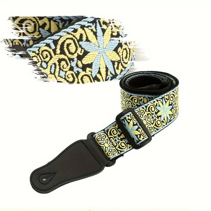 Correa de guitarra de lona con bordado de estilo nacional en rojo, amarillo, azul, verde y rosa