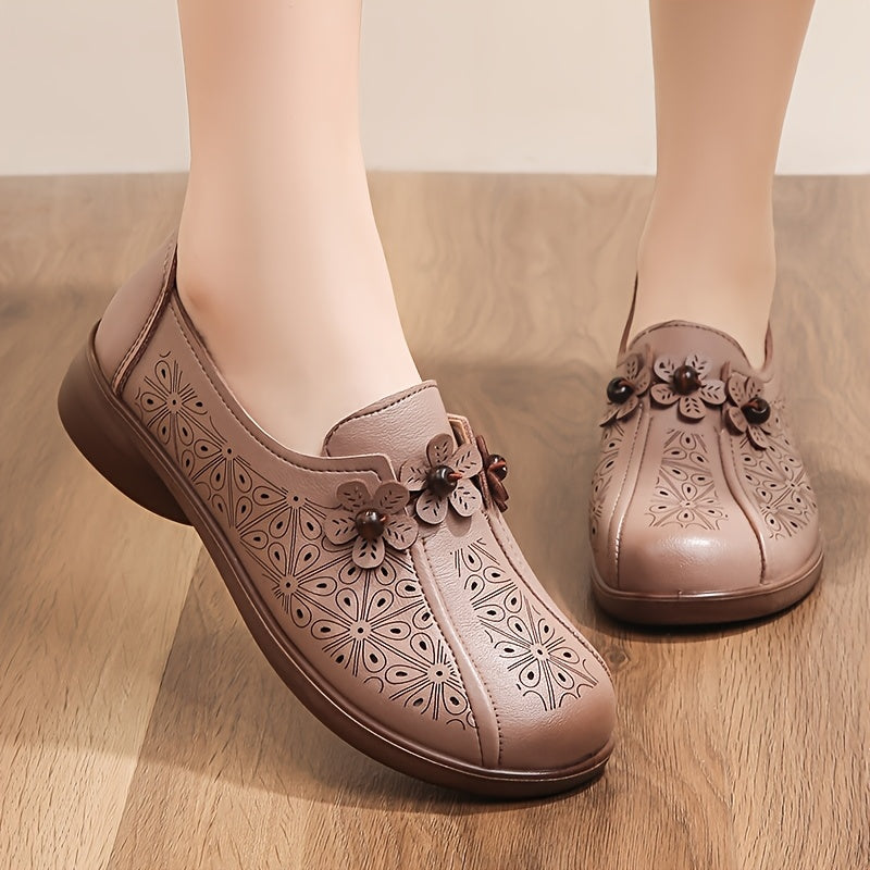 Zapatos casuales femeninos sin cordones con estampado floral, transpirables y sintéticos, en color marrón