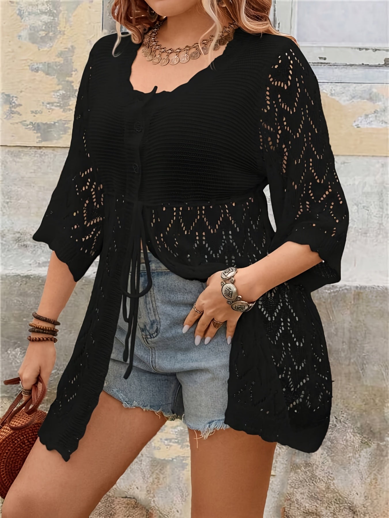 Plus Size Women's Lace Trim V-Neck Cardigan Lightweight Geometric Semi-Sheer Casual Jacket