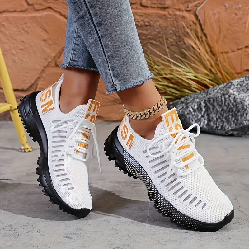 Women's Breathable Lightweight Knit Sneakers, Slip-Resistant PU Sole, Orange Accents