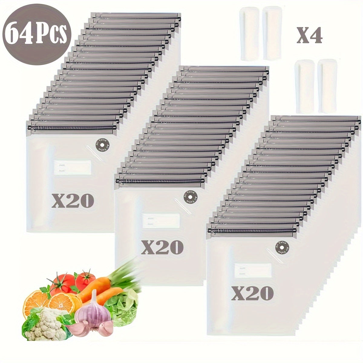 Набор из 64 многоразовых вакуумных пакетов для хранения продуктов без BPA, герметичные, герметичные, с зажимами