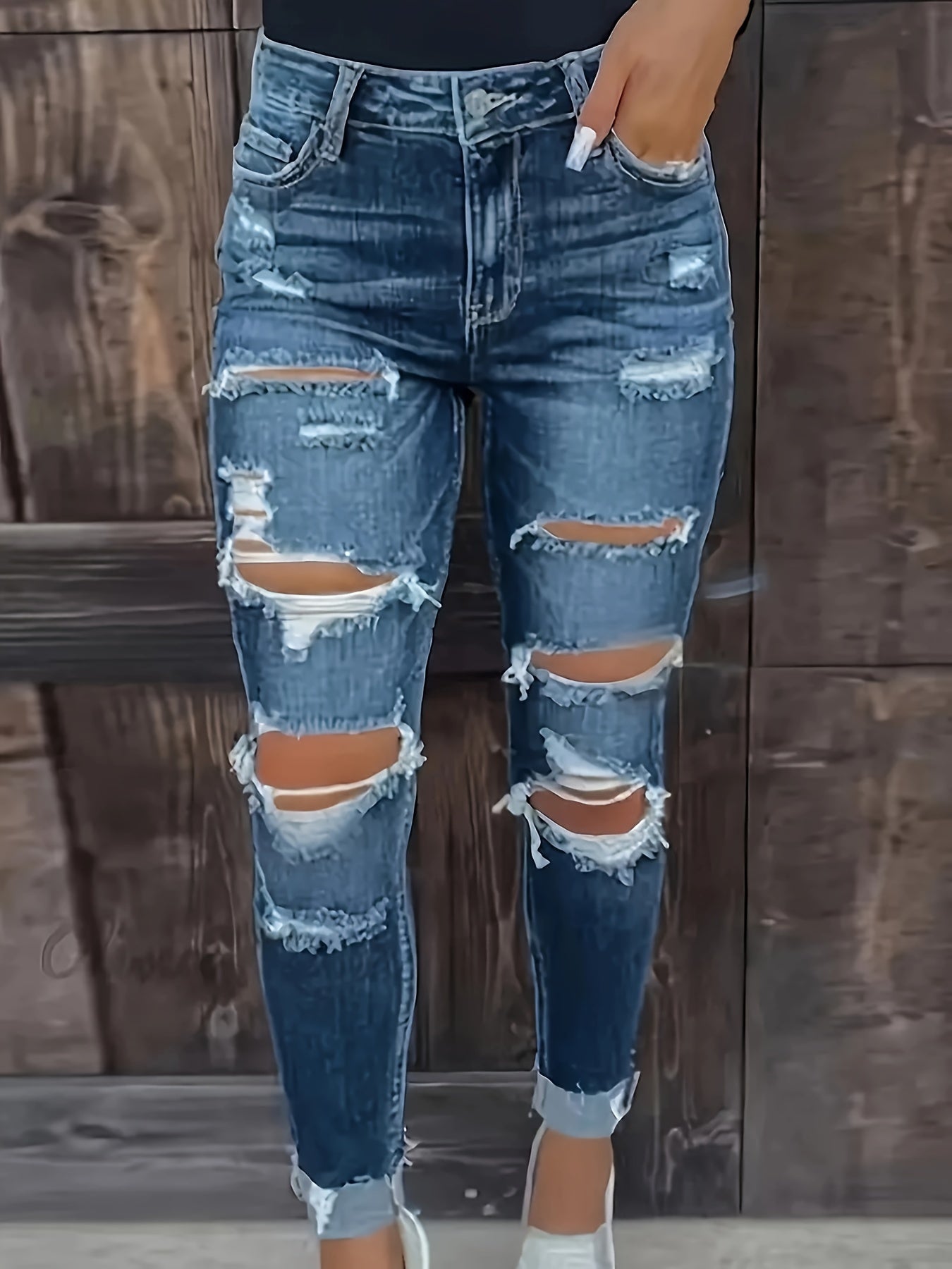 Plus Size Womens Ripped Blue Stretch Denim Jeans Pants