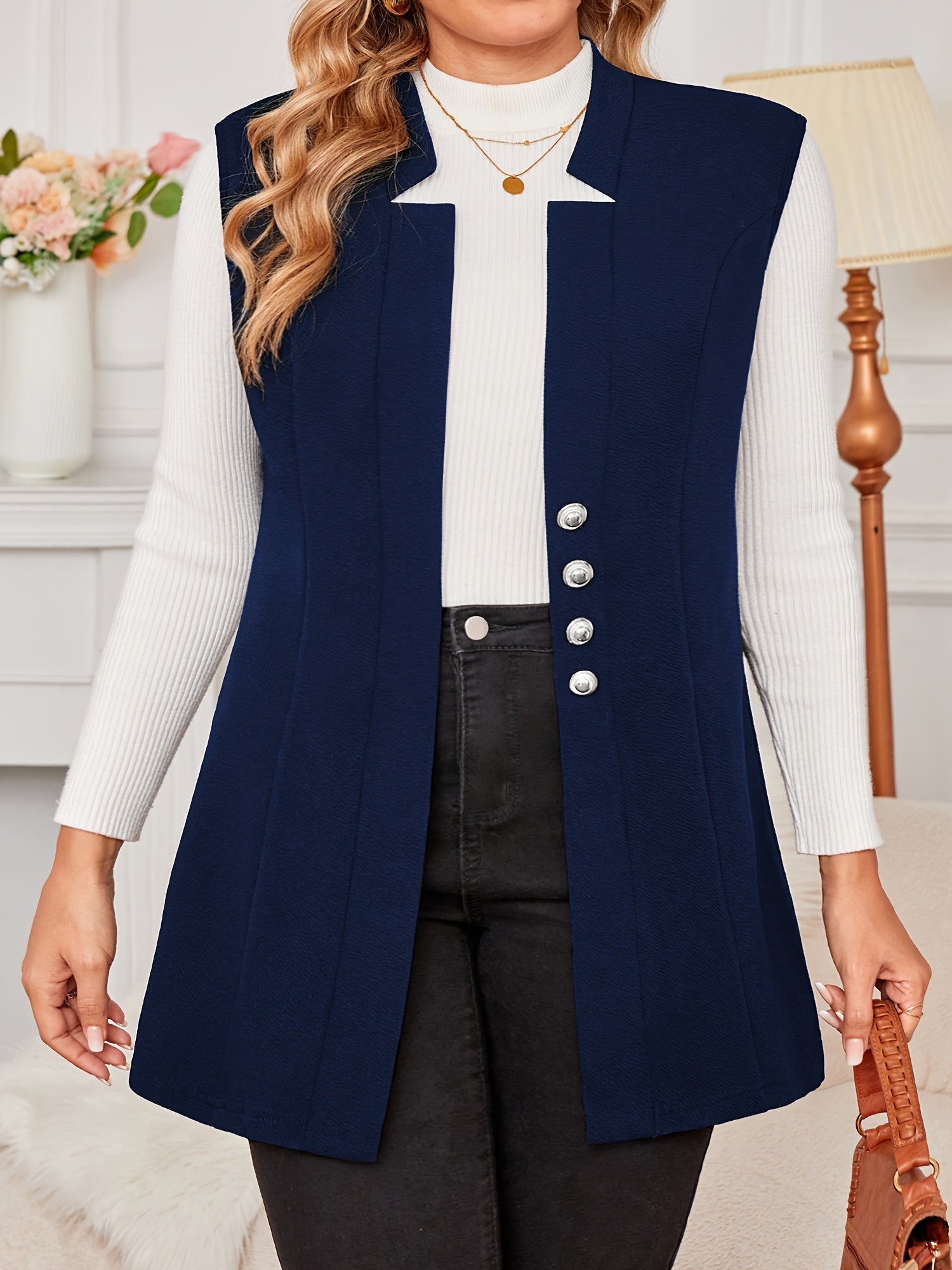 Plus Size V-Neck Lapel Sleeveless Blazer Solid Color Knit Blazer for Women