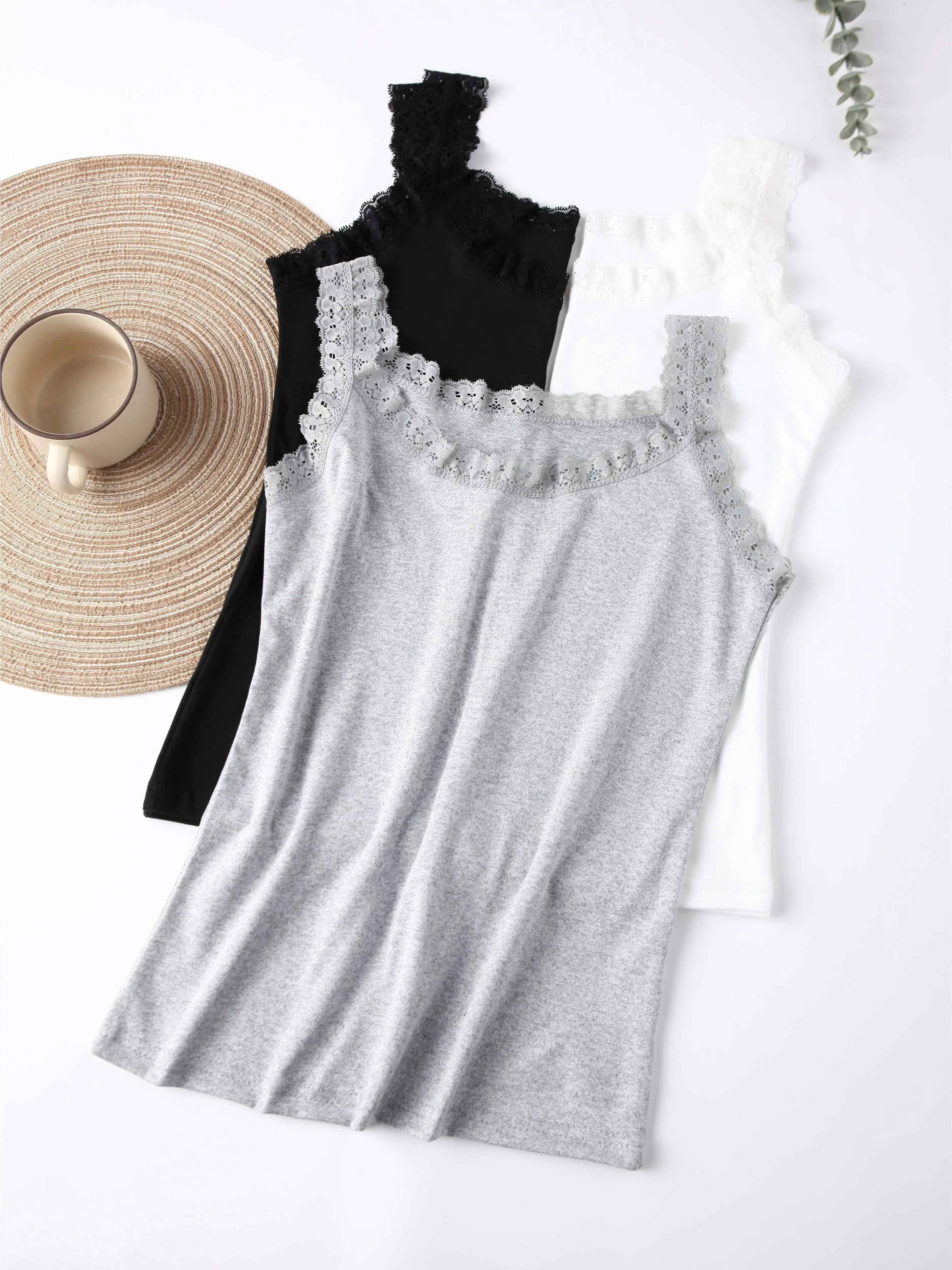 Set of 3 Women's Lace Trim Tank Tops Soft Nylon Blend Solid Colors Casual Wear