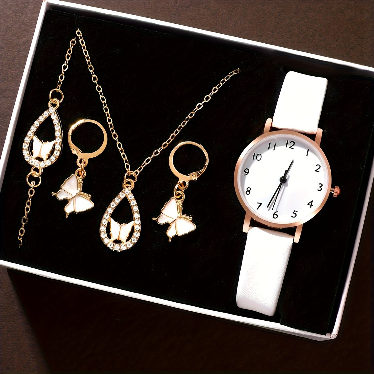 Ayollar uchun zargarlik to'plami, 5 ta qism, kvarts soat bilan, charm strap, an'anaviy moda aksessuarlari