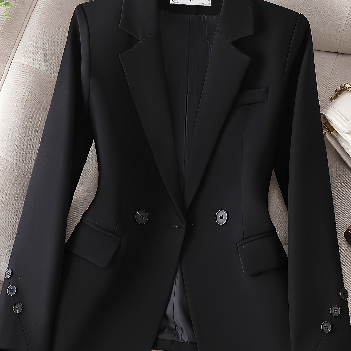 Women's Elegant Double-Breasted Blazer with Long Sleeves and Solid Color
