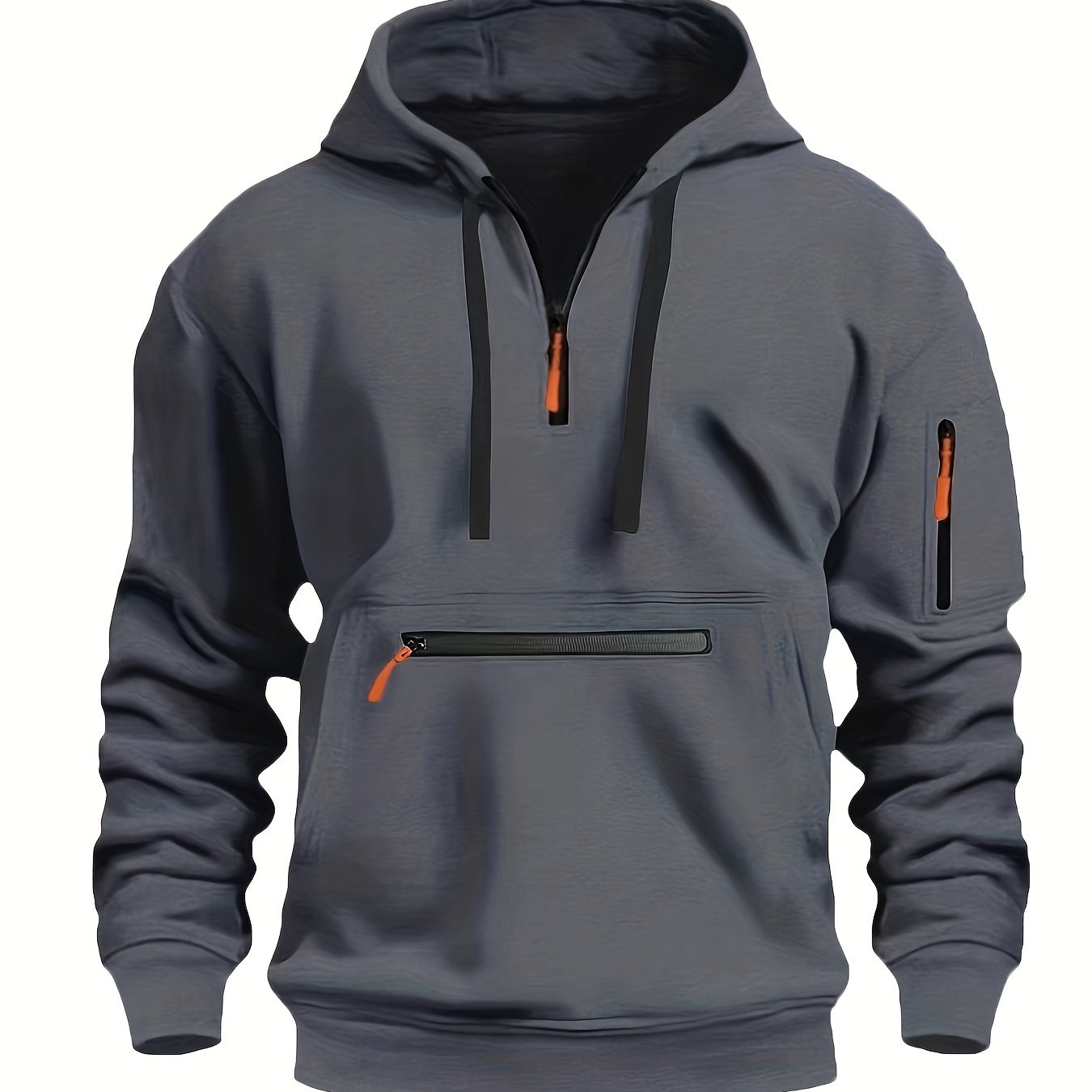 Men's Solid Color Polyester Half-Zip Hoodie with Kangaroo Pocket for Fall Winter