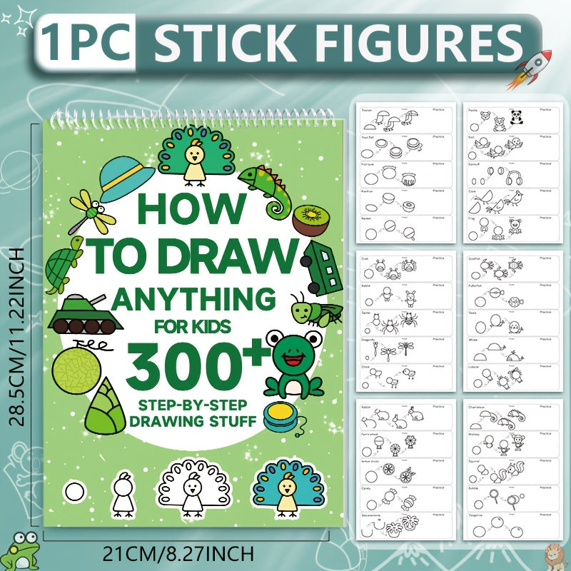 Green Drawing Book for Kids Ages 3+ with 300+ Step-by-Step Dinosaur and Frog Illustrations Spiralbound Educational Art Toy
