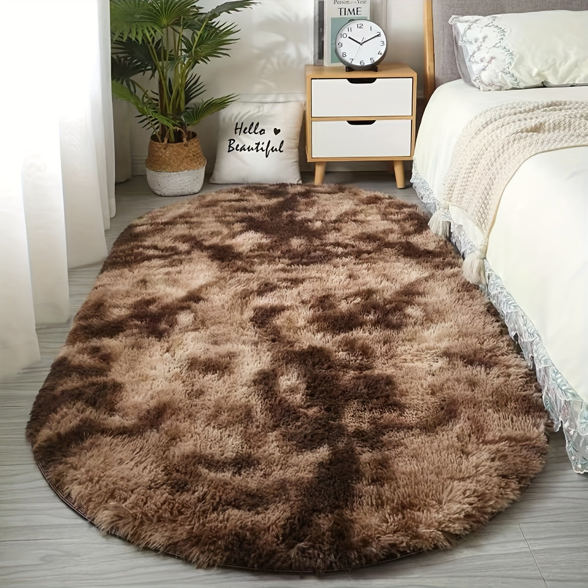 Soft Polyester Plush Oval Area Rug for Bedroom and Living Room Hand Washable