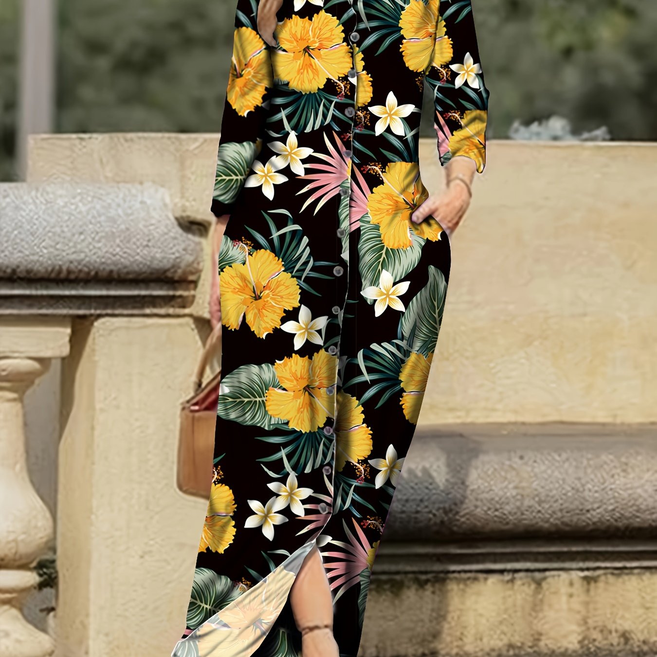 Women's Tribal Print Long Sleeve Dress with Pockets and Button Front for Spring and Fall