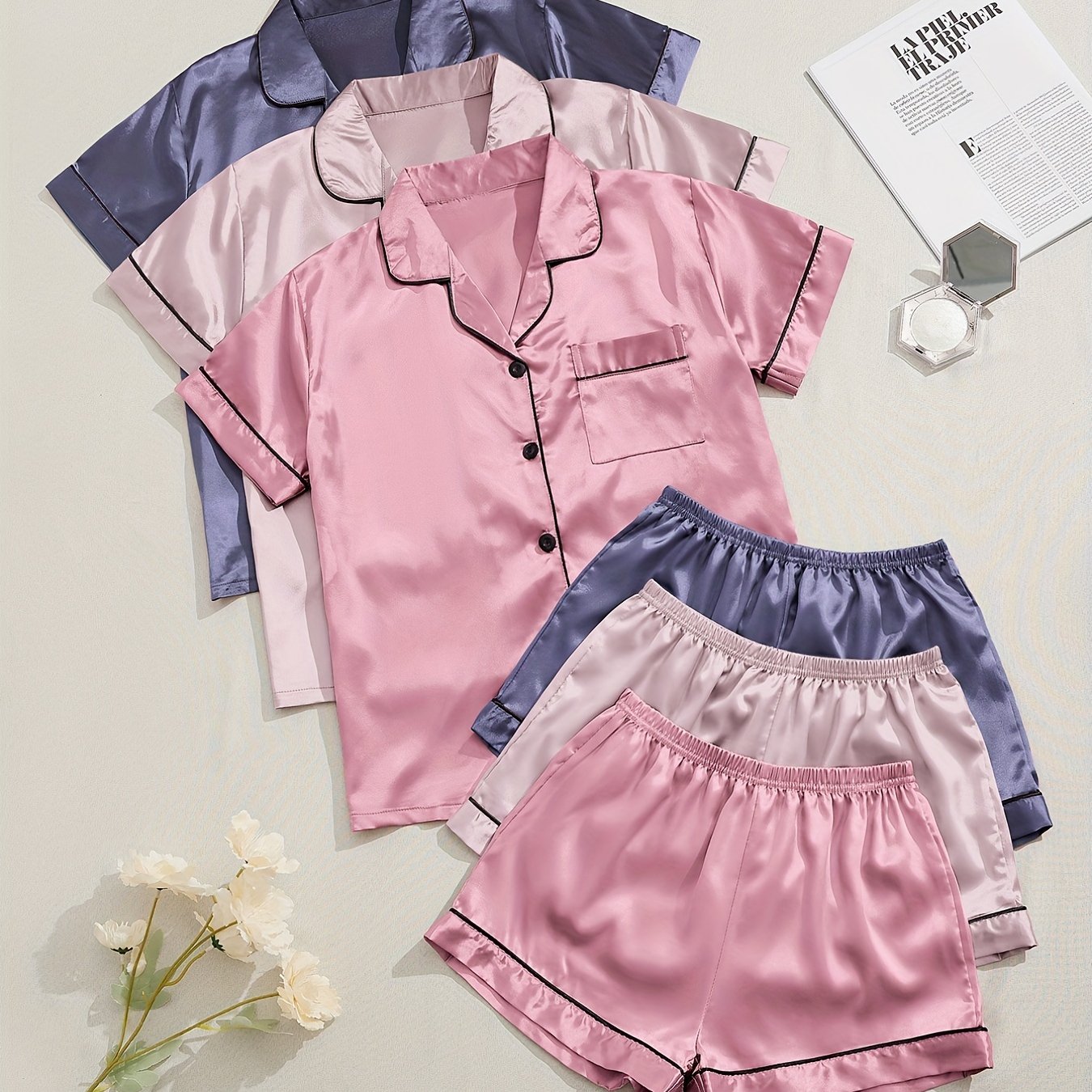 Women's Satin Pajama Set Short Sleeve Top and Elastic Waist Shorts Sleepwear Lounge Wear
