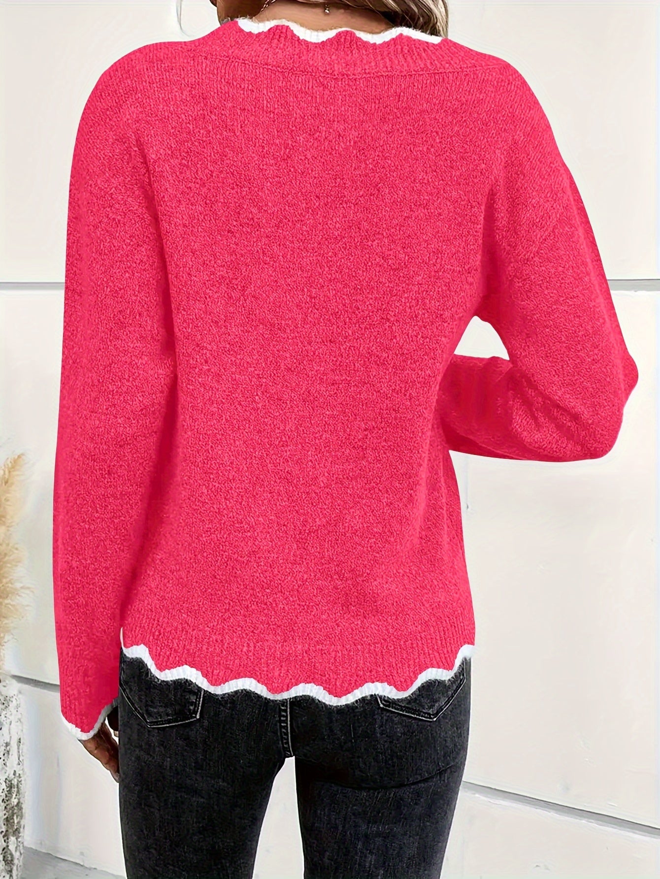 Plus Size Women's V Neck Sweater With Contrast Trim Long Sleeve Fall Winter Clothing