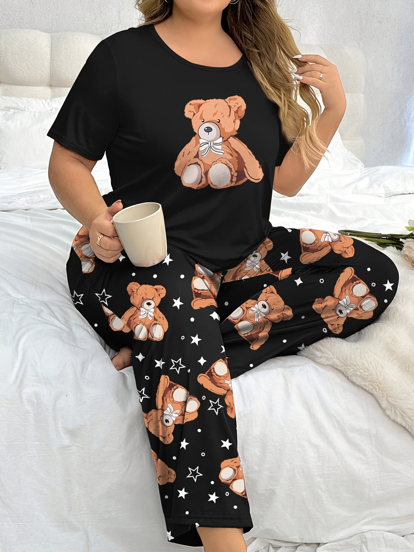 Women's Plus Size Pajama Set Short Sleeve Bear Print Stretch Knit All-Season
