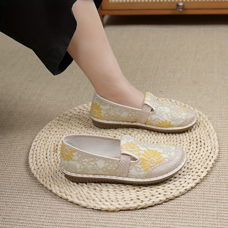 Women's Breathable Canvas Low-Top Shoes with Floral Pattern, Soft Non-Slip Sole