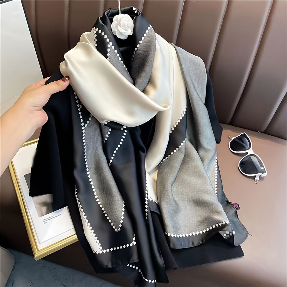 Big V Color Block Satin Shawl for Women Lightweight Windproof Sun Protection Scarf