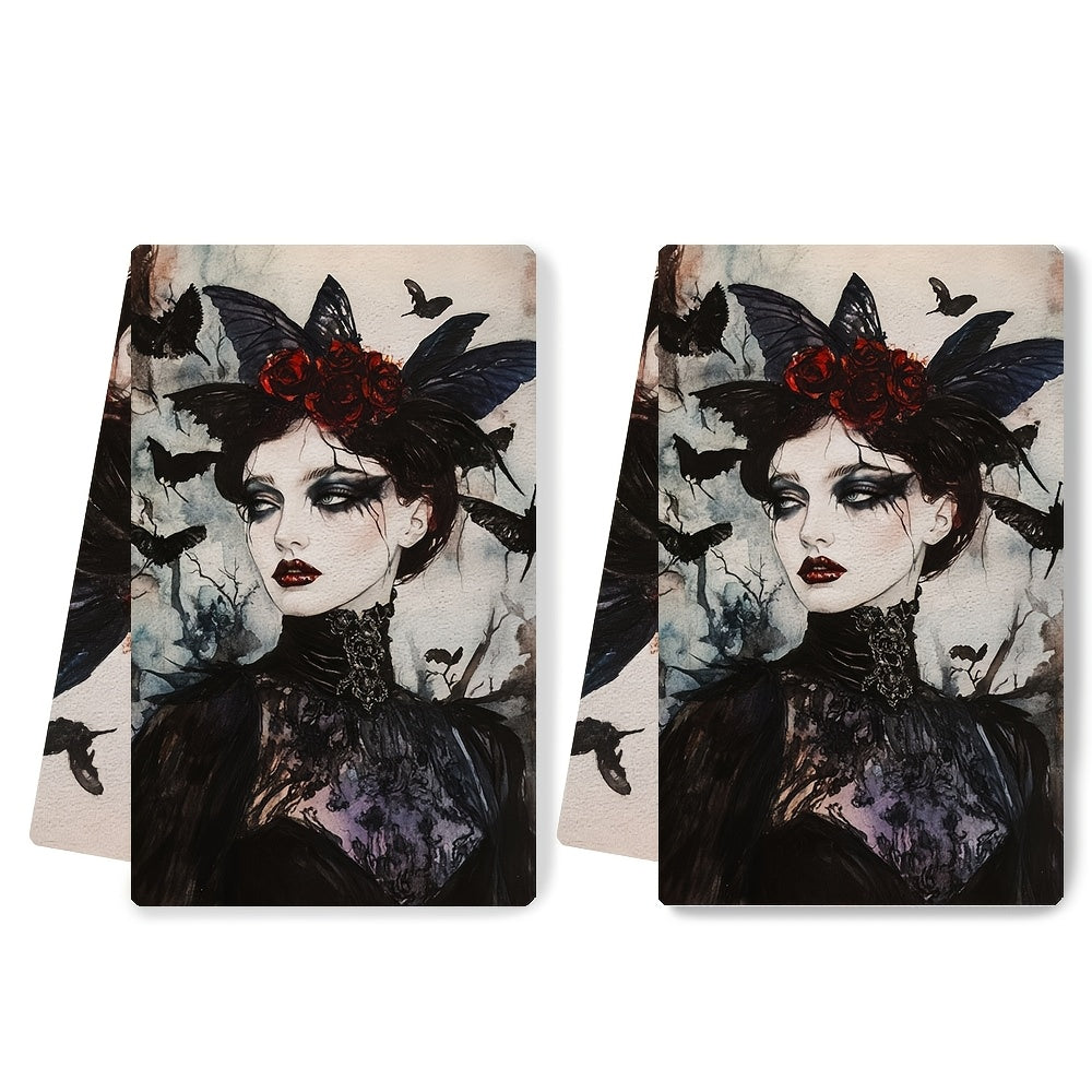 Two Pieces Gothic Kitchen Towels Red Roses Black Lace Absorbent 40x60 cm