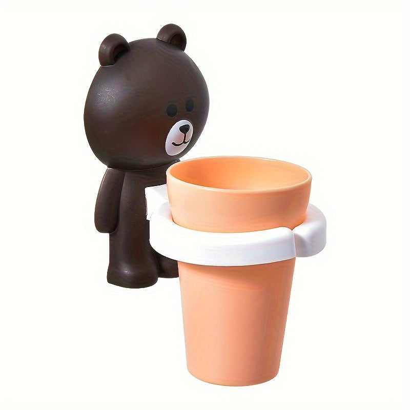 Wall-Mounted Bathroom Organizer with Cup No Drilling Space-Saving Bear Toothbrush Holder
