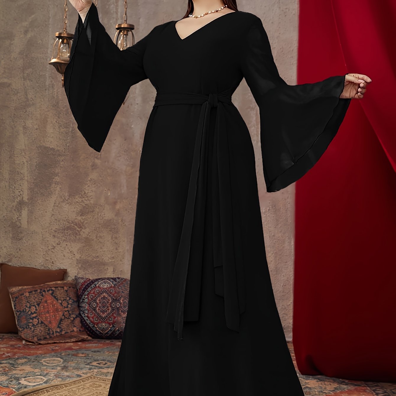 Women Chiffon V-Neck Dress with Belt for Formal Events Plus Size