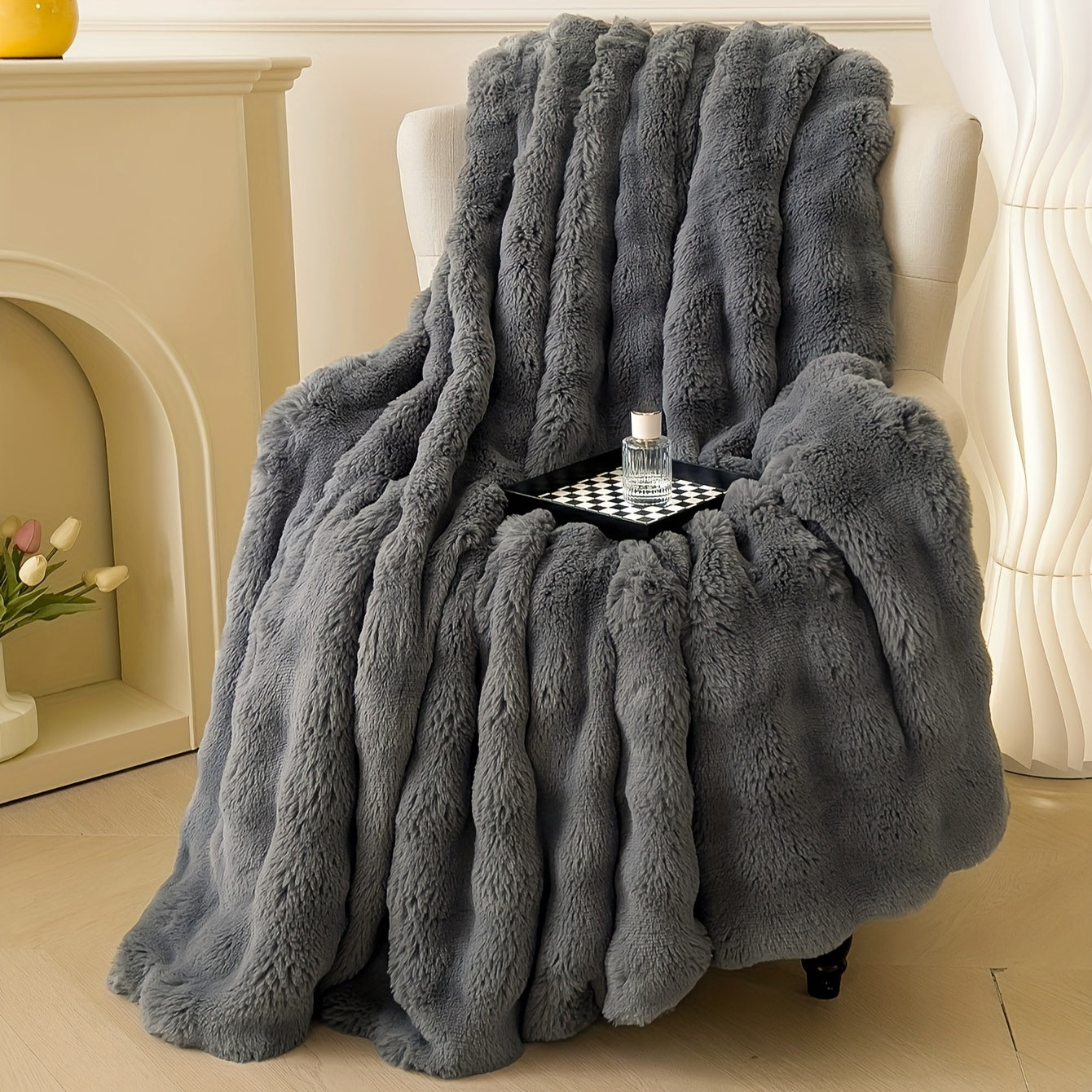 Polyester Faux Rabbit Short Plush Bed Blanket Solid Color Multi-Purpose All Seasons