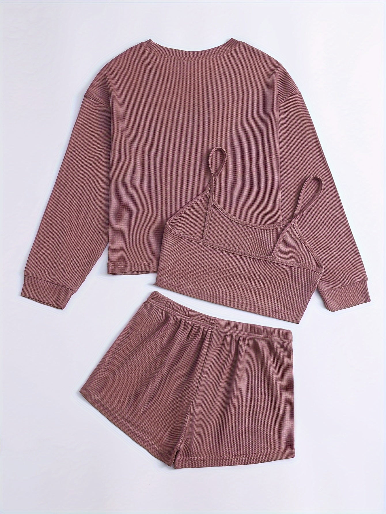 Conjunto de pijama de punto waffle para adultos, tres piezas, manga larga, casual, invierno, otoño, liso