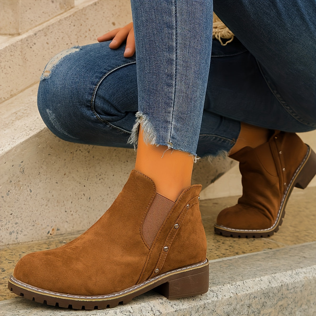 Women's Black Chunky Mid-Heel Boots with Round Toe Zipper Non-Slip