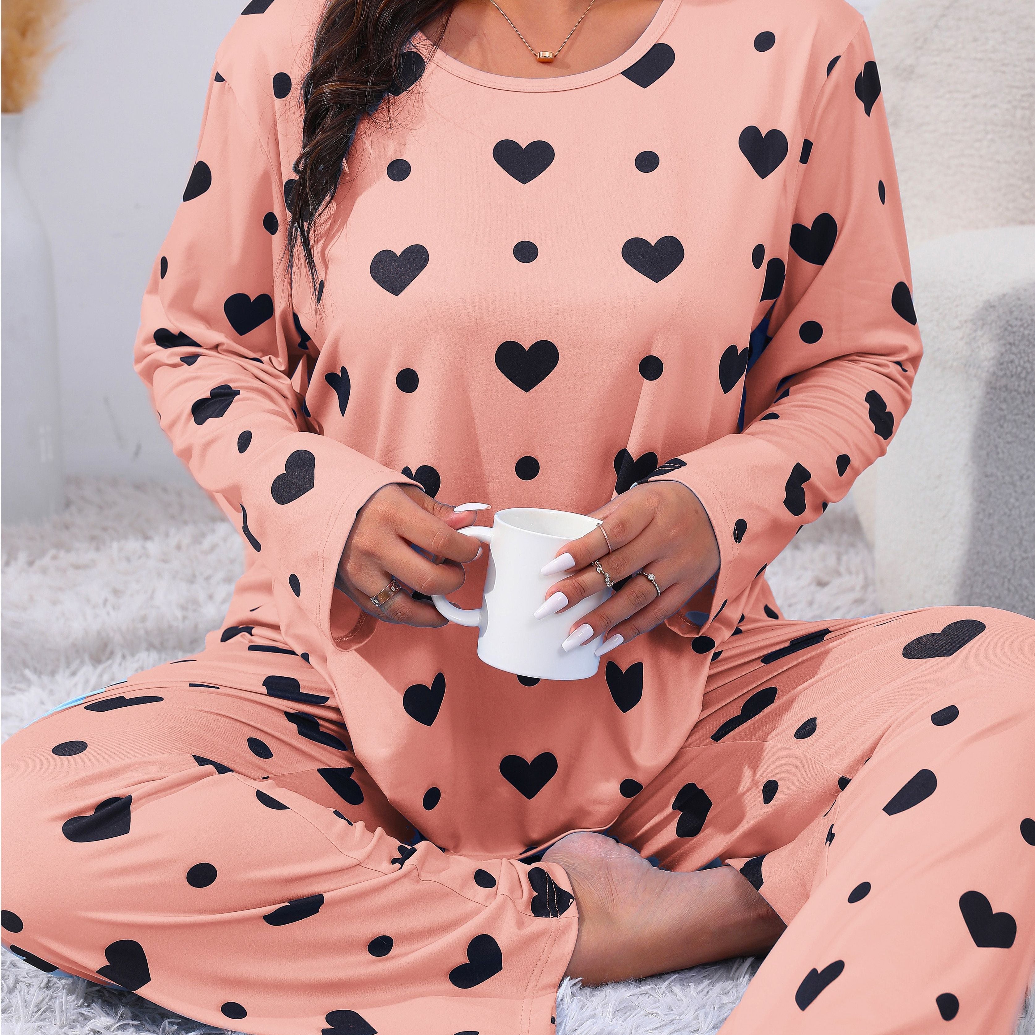 Plus Size Women's Pajama Set Long Sleeve Heart Print Lounge Two Piece