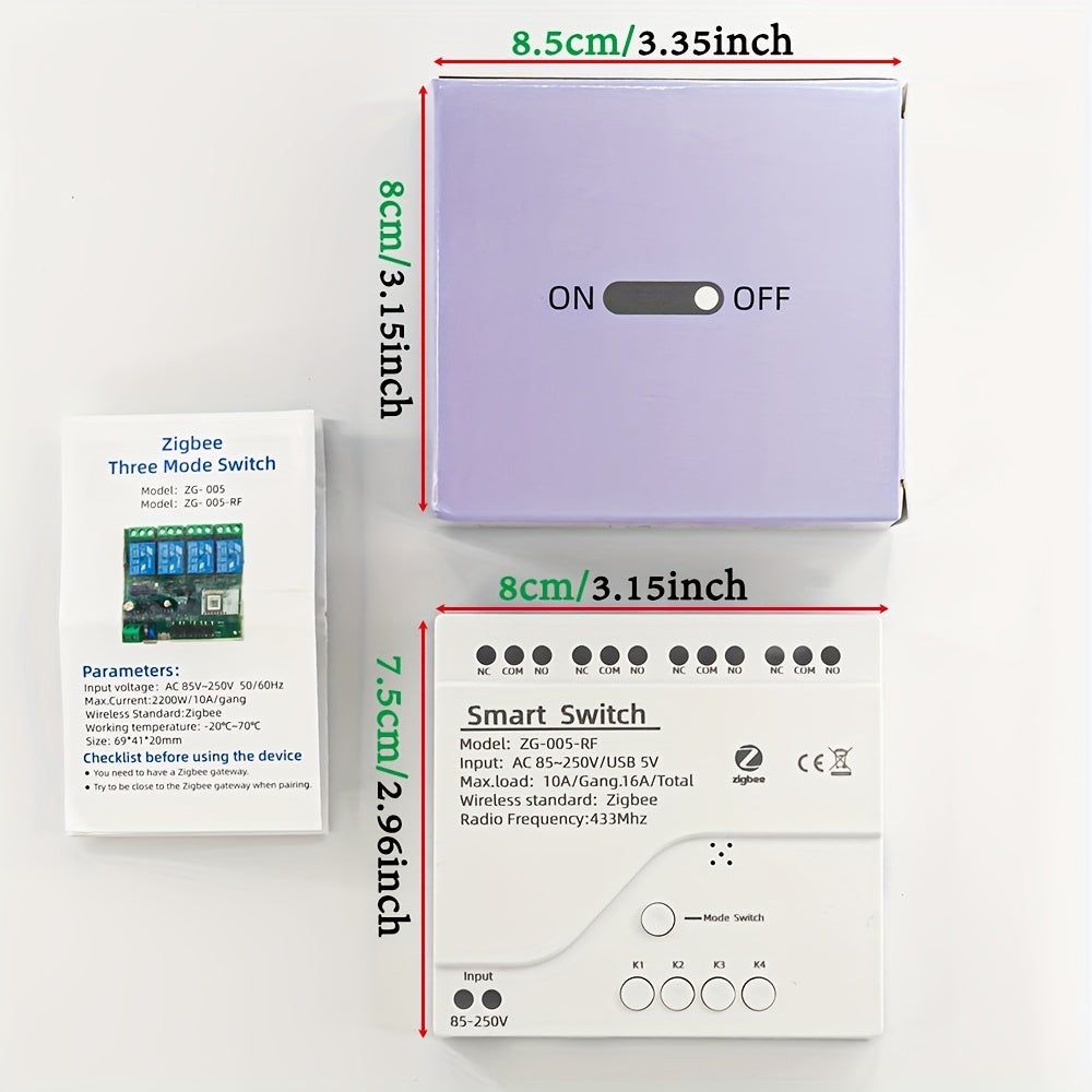 Interruptor de relé Zigbee de 4 vías con control remoto AC85V-250V USB5V 2200W