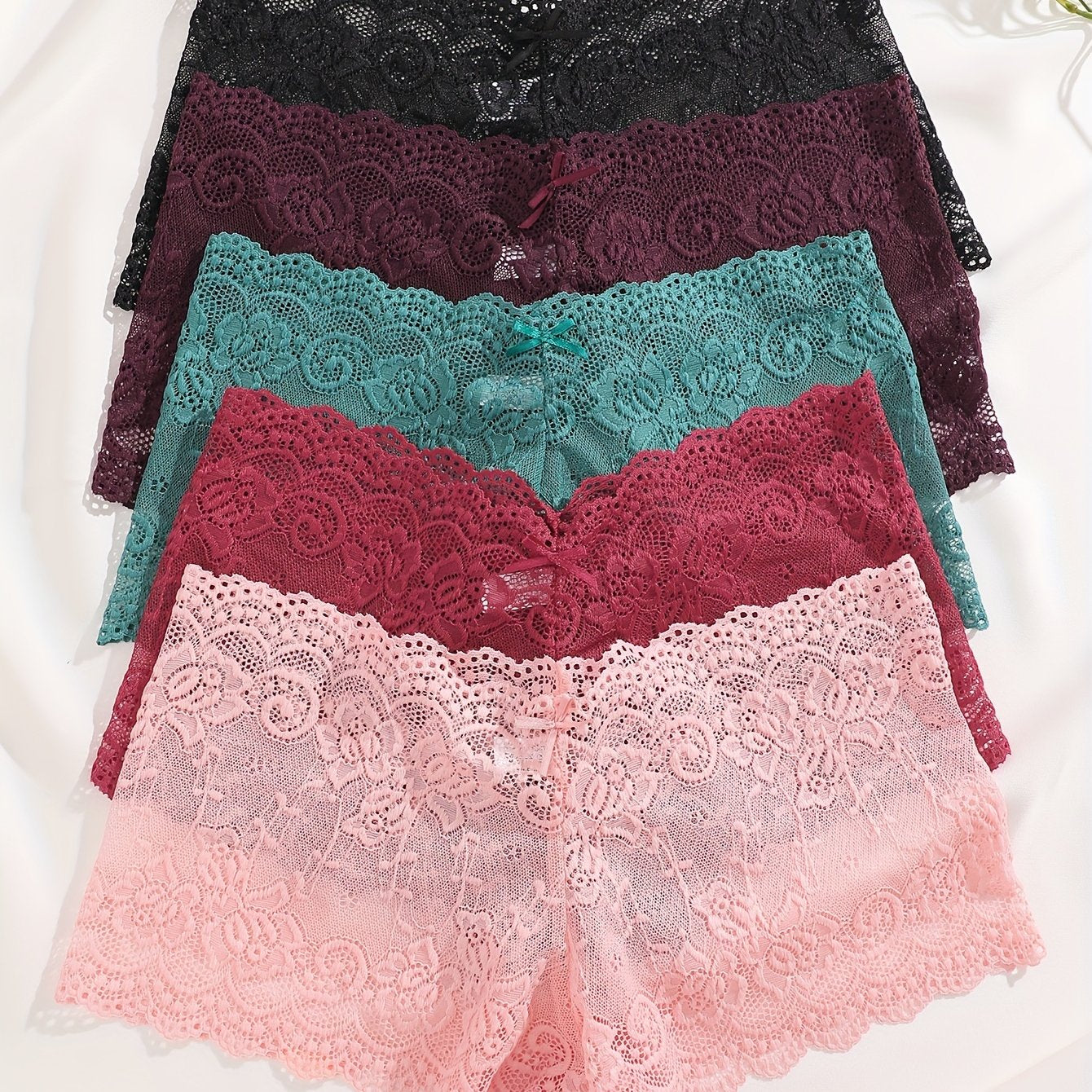 Women's Floral Lace Mid-Rise Panties Solid Color Sexy Knit Shorts Set of 5