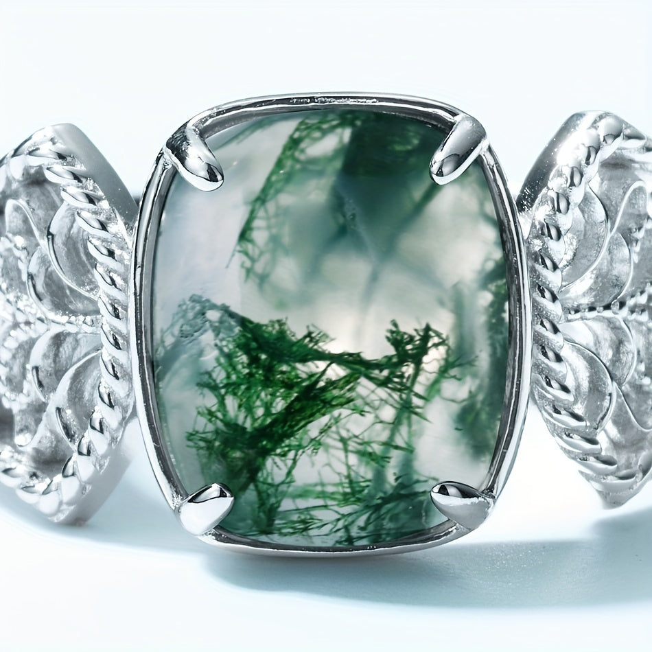 Green Moss Agate Sterling Silver Open Ring 2.4CT Water Grass Design Unisex