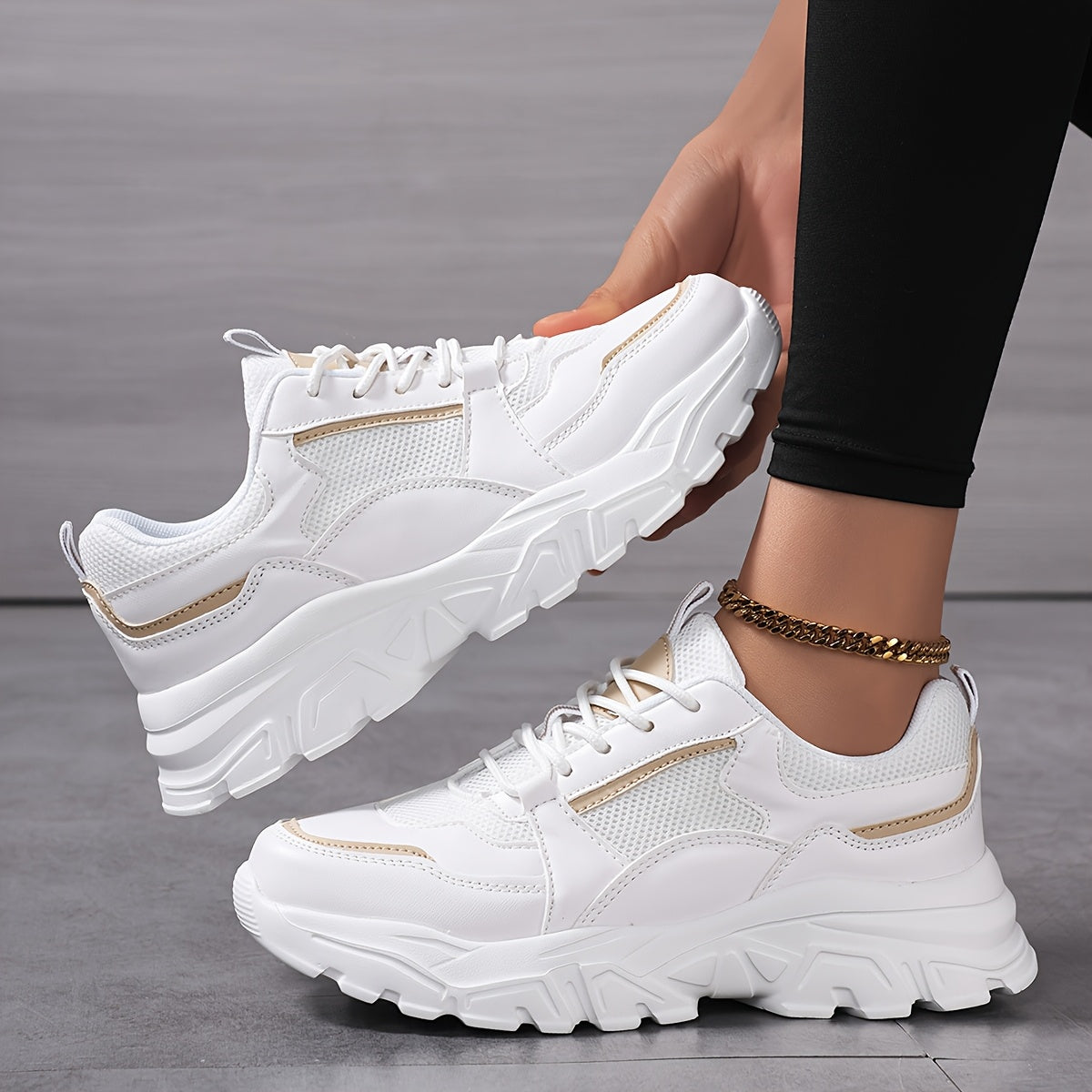 Women's White Mesh Casual Sneakers with Gold Accents All-Season Comfort